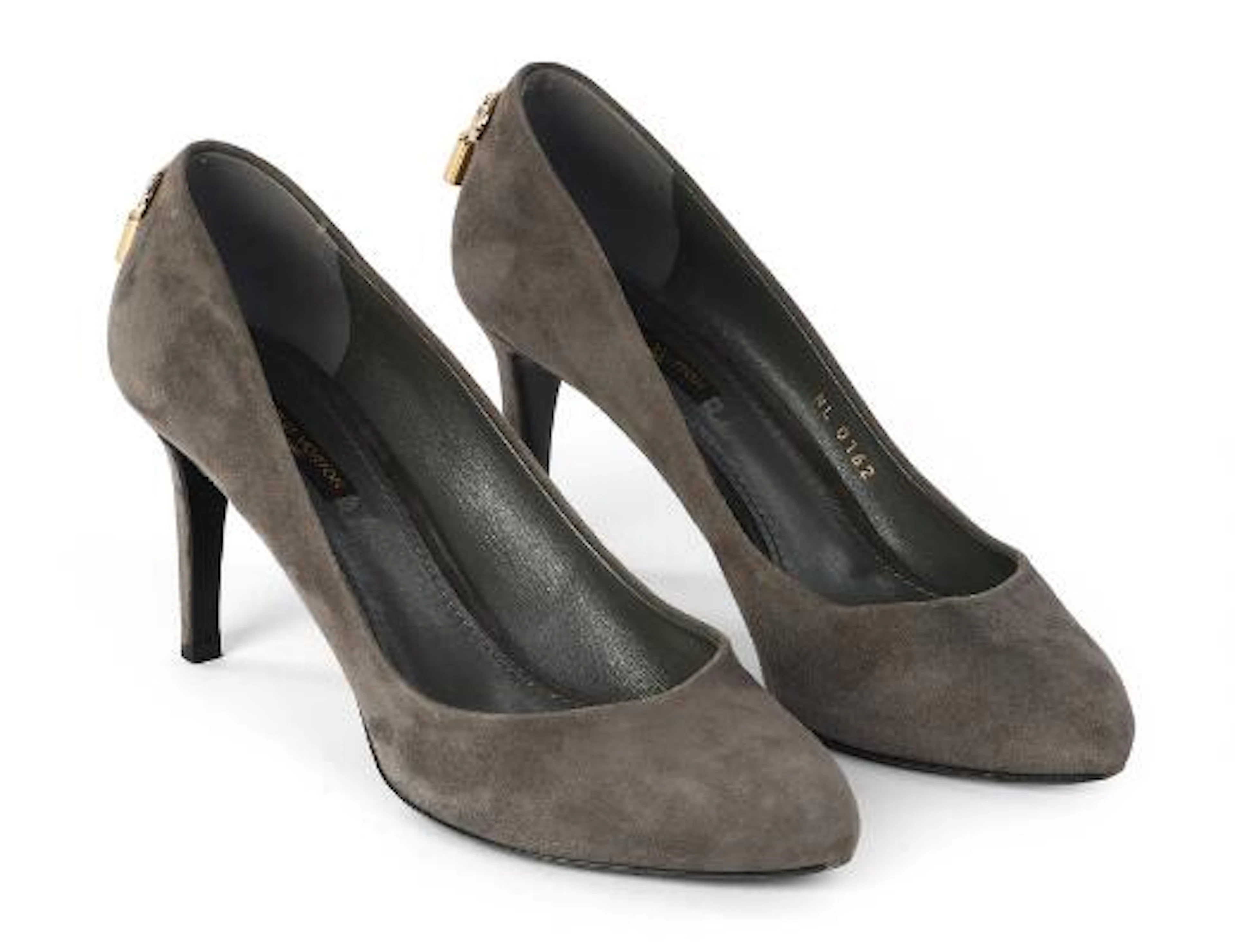 Louis Vuitton: A pair of grey suede stilettos with pointed toes and