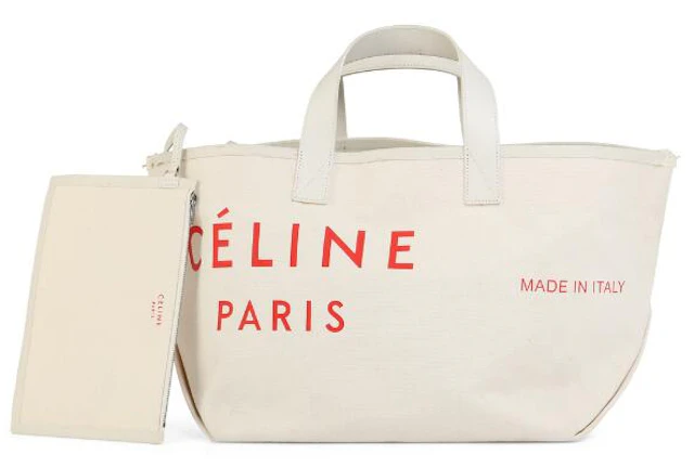 Celine: A tote bag of beige canvas and leather with red logo, silver