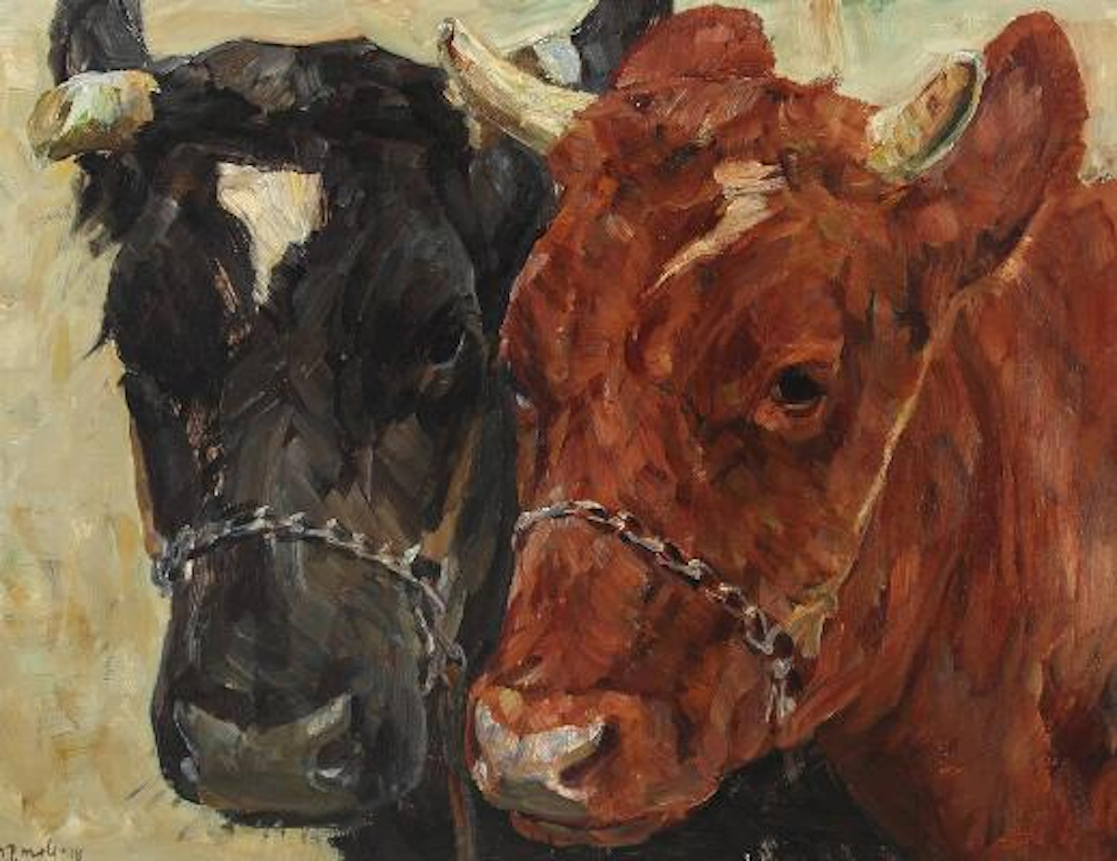 N. P. Mols: Two cows heads, black and red. Signed N. P. Mols 18. Oil