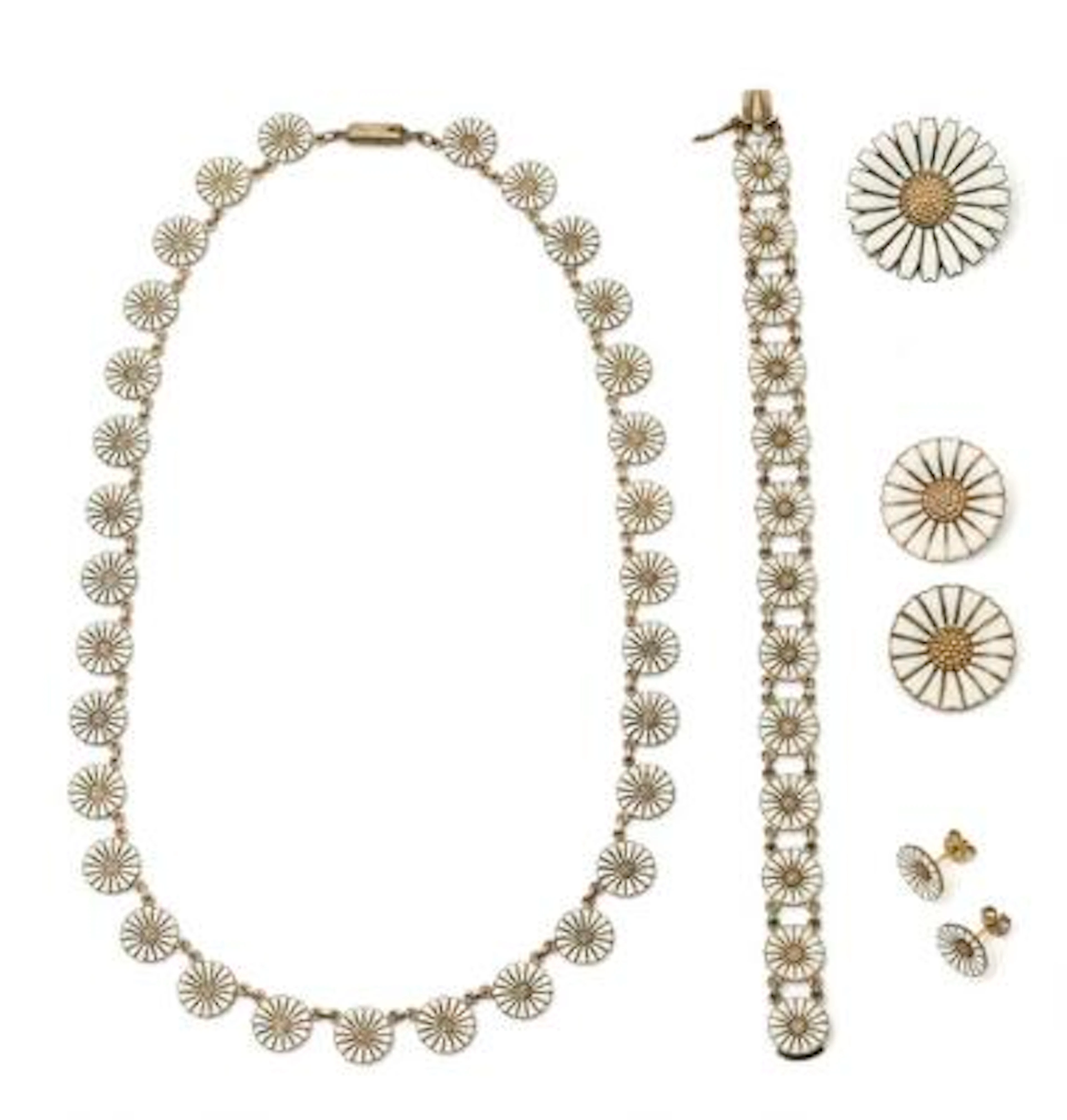 Georg Jensen: A Daisy jewellery set, mounted in gilded silver. L.