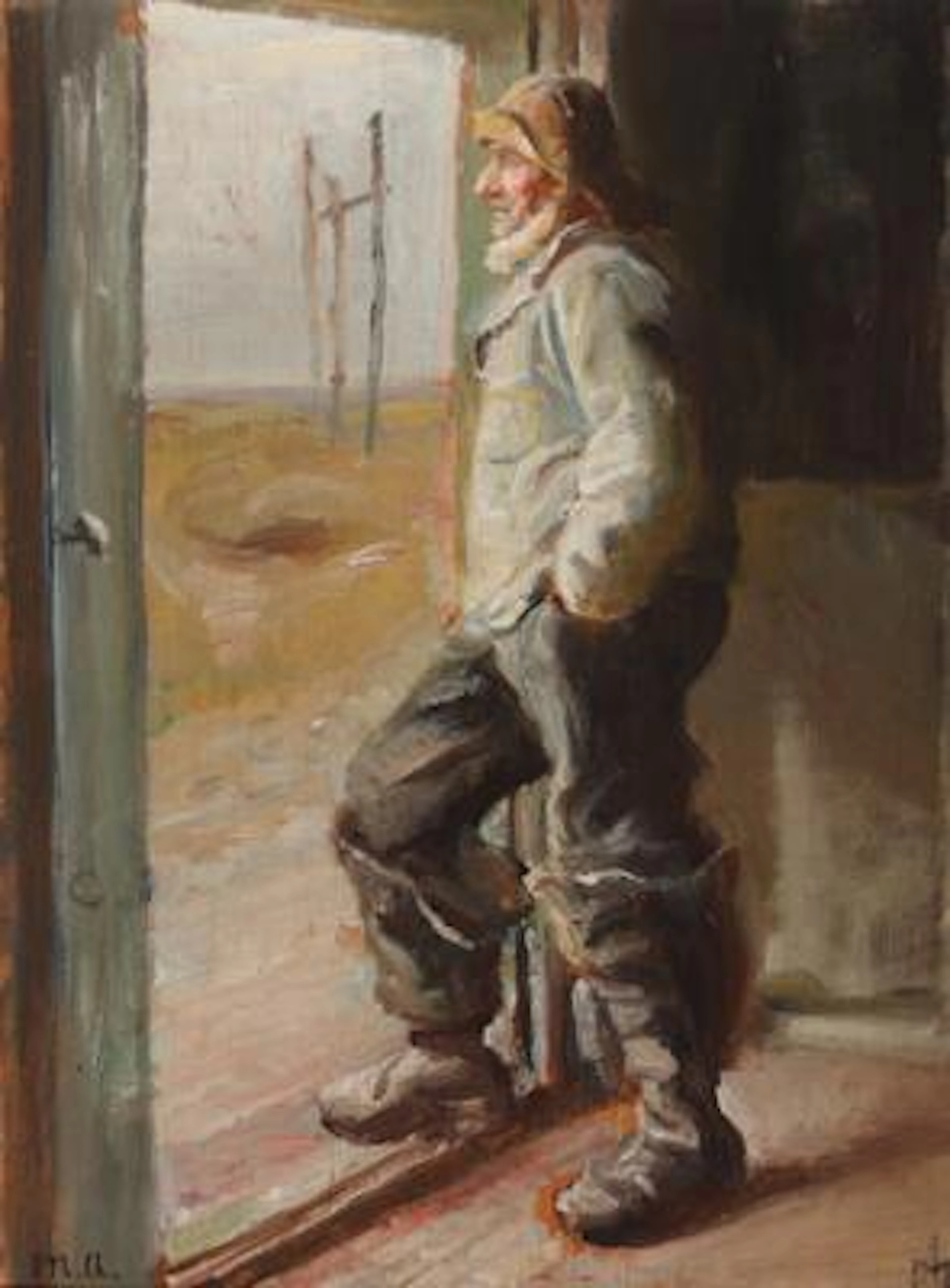 Michael Ancher: A Skagen fisherman standing in a doorway gazing out