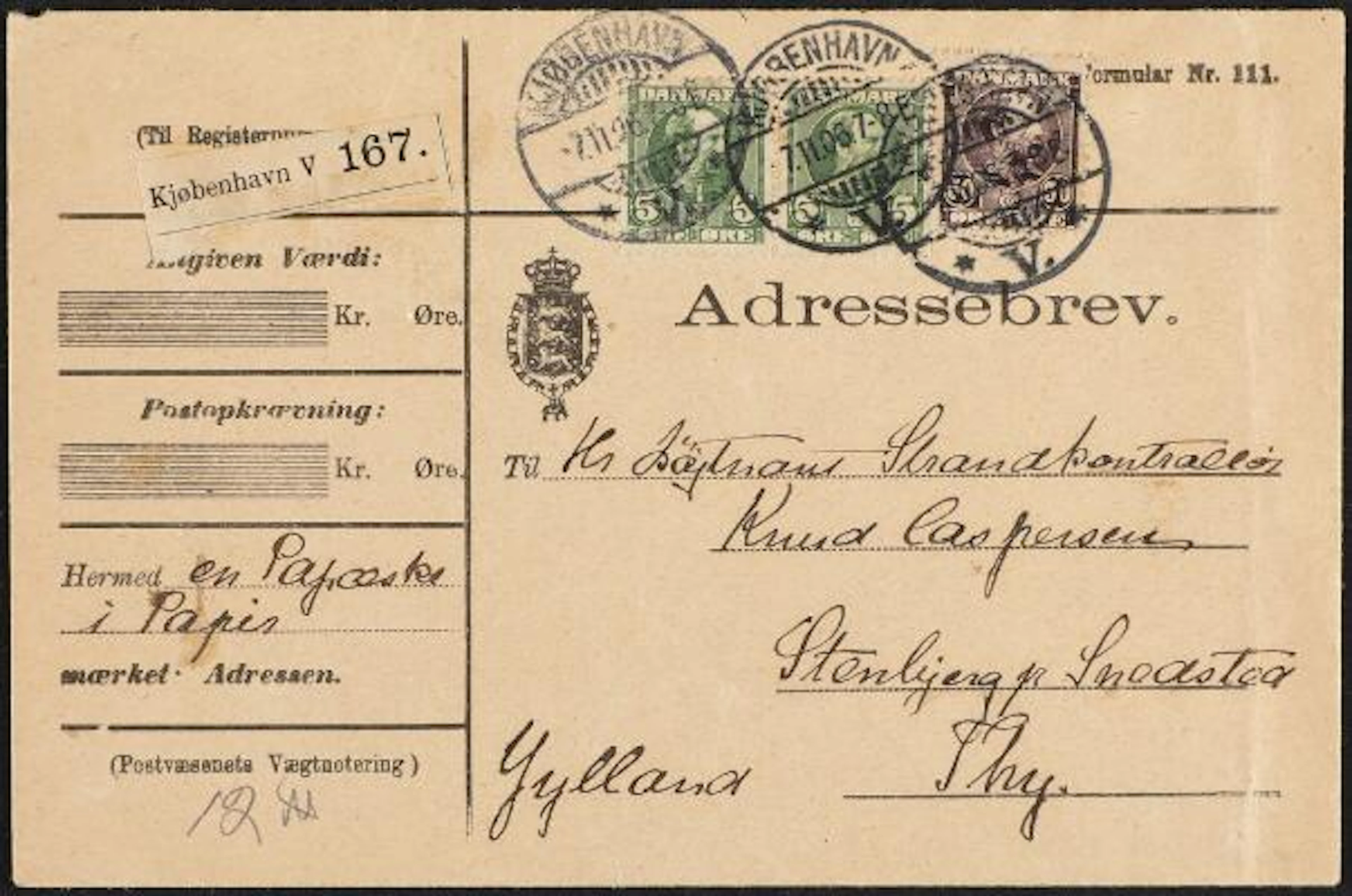 1905. Christian IX. 50 Øre, brown lilac and pair 5 Øre, green. Parcelcover