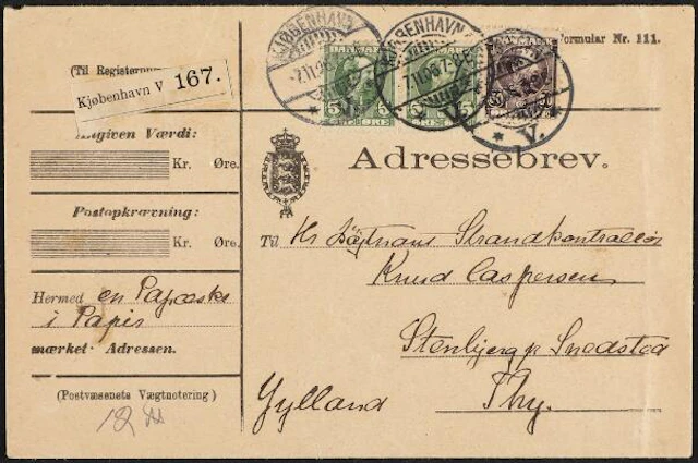 1905. Christian IX. 50 Øre, brown lilac and pair 5 Øre, green. Parcelcover