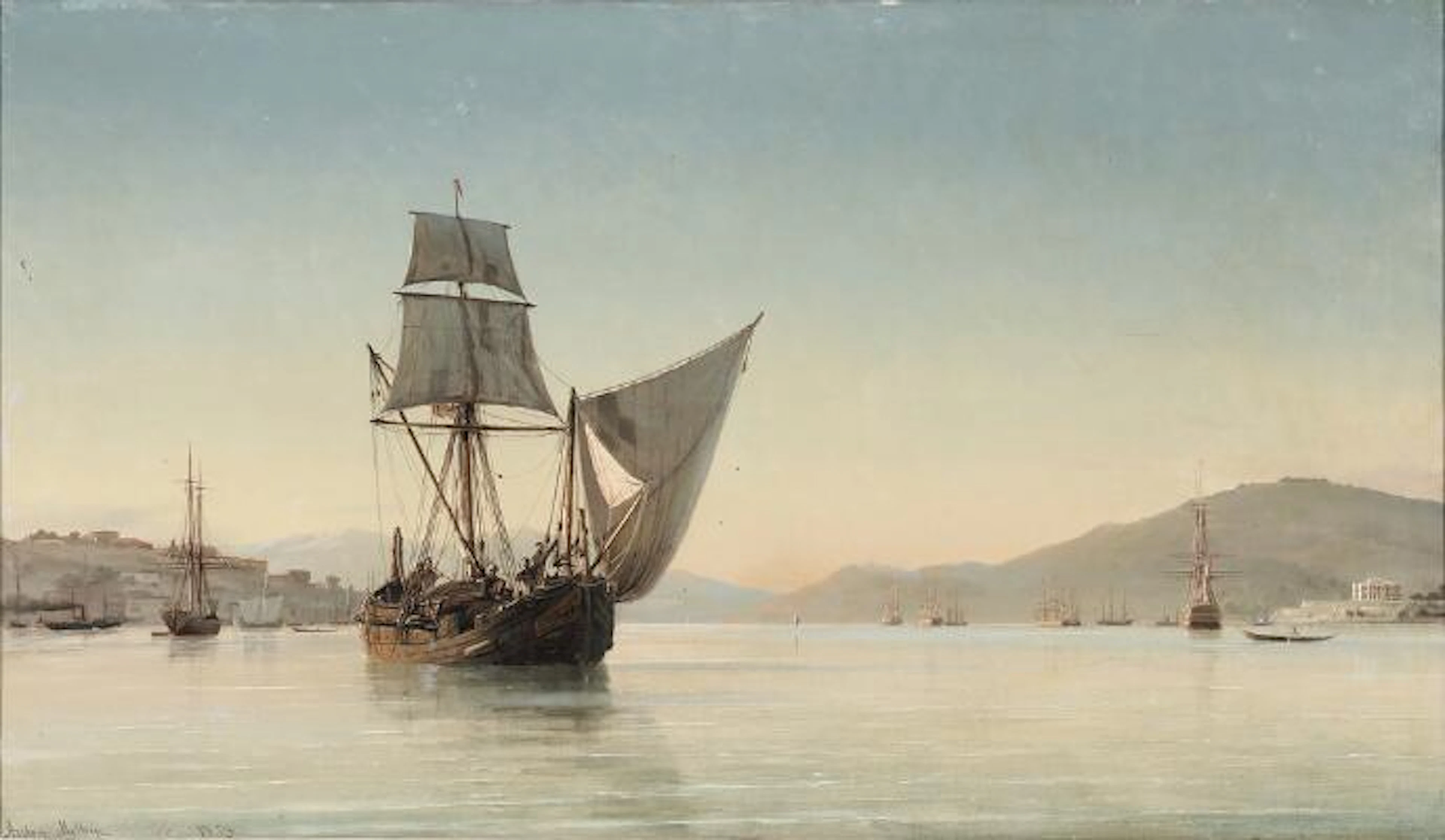 Anton Melbye: A busy day on the Bosporus. Signed and dated Anton Melbye