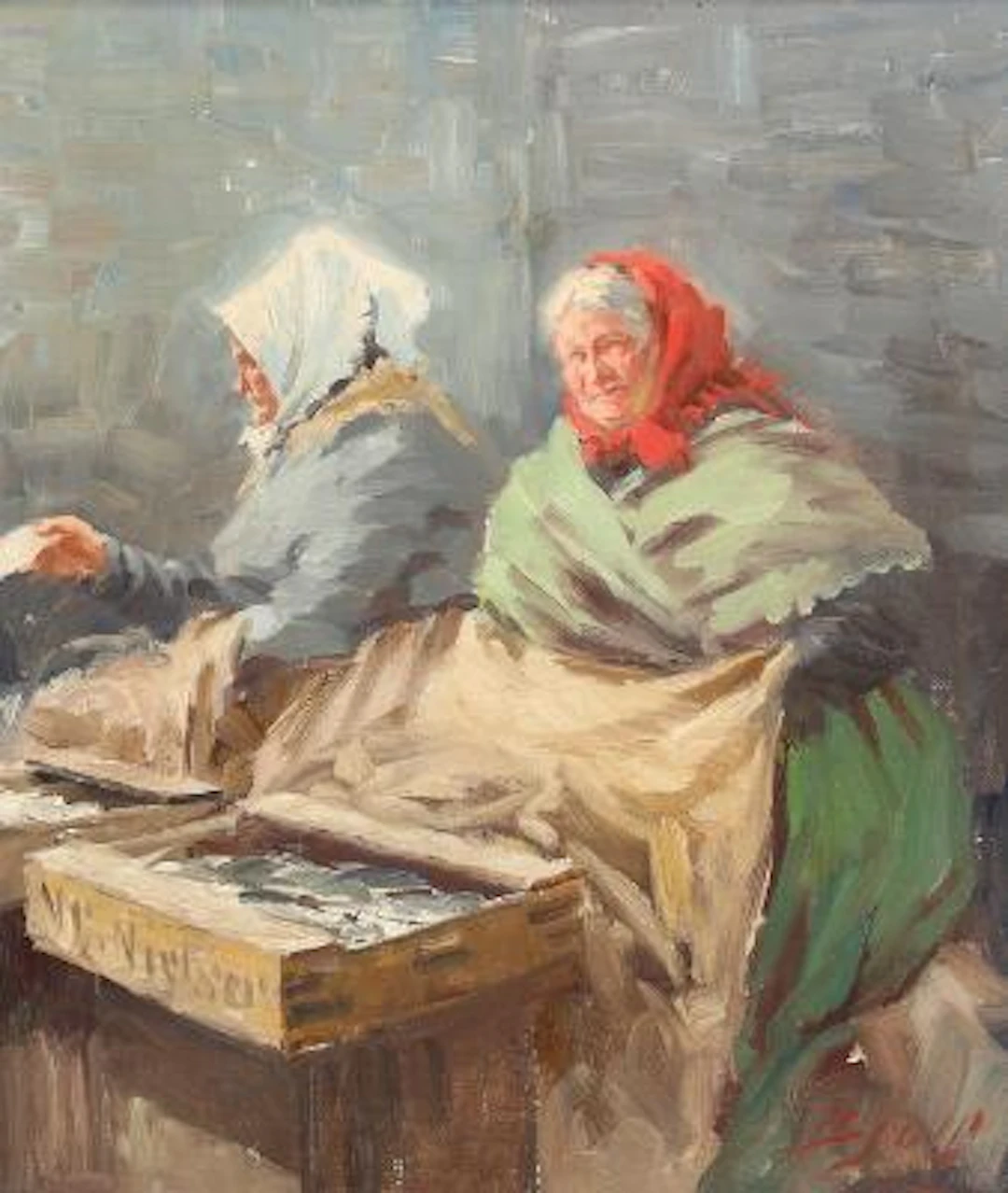 S. C. Bjulf: Fishwives in the sun on Gl. Strand. Signed S.C. Bjulf.