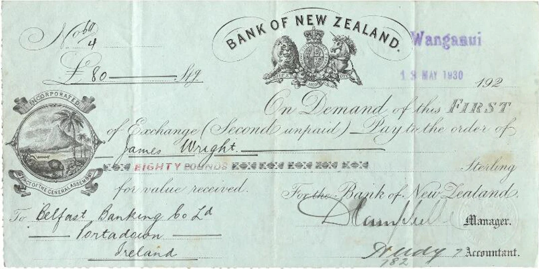 New Zealand, Bank of New Zealand, 13 May 1930, bank receipt for 80