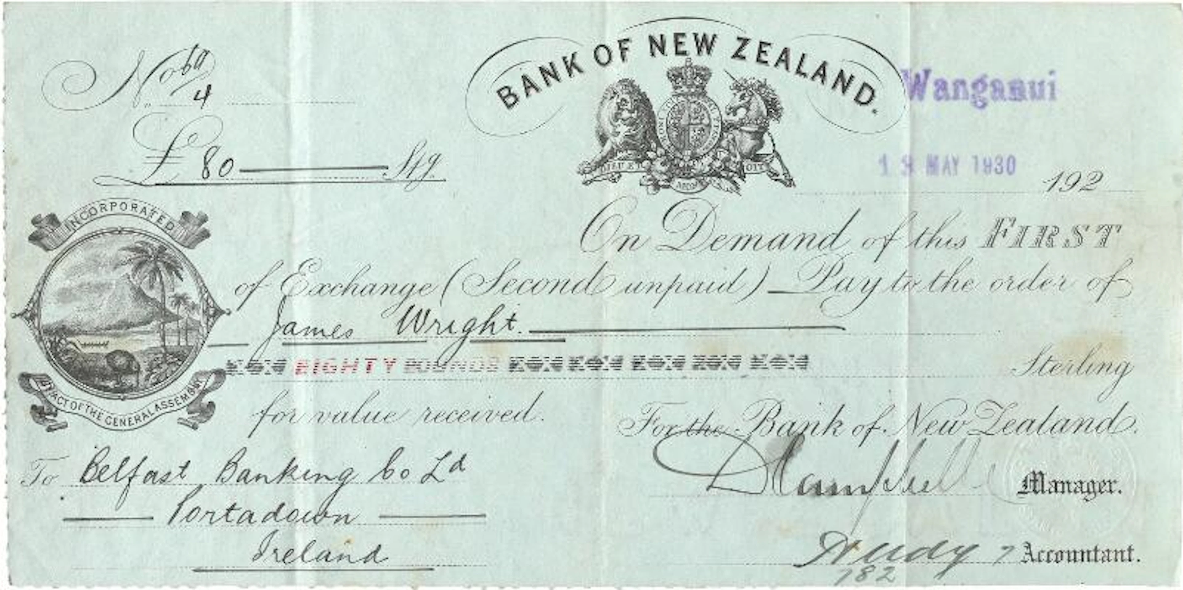 New Zealand, Bank of New Zealand, 13 May 1930, bank receipt for 80