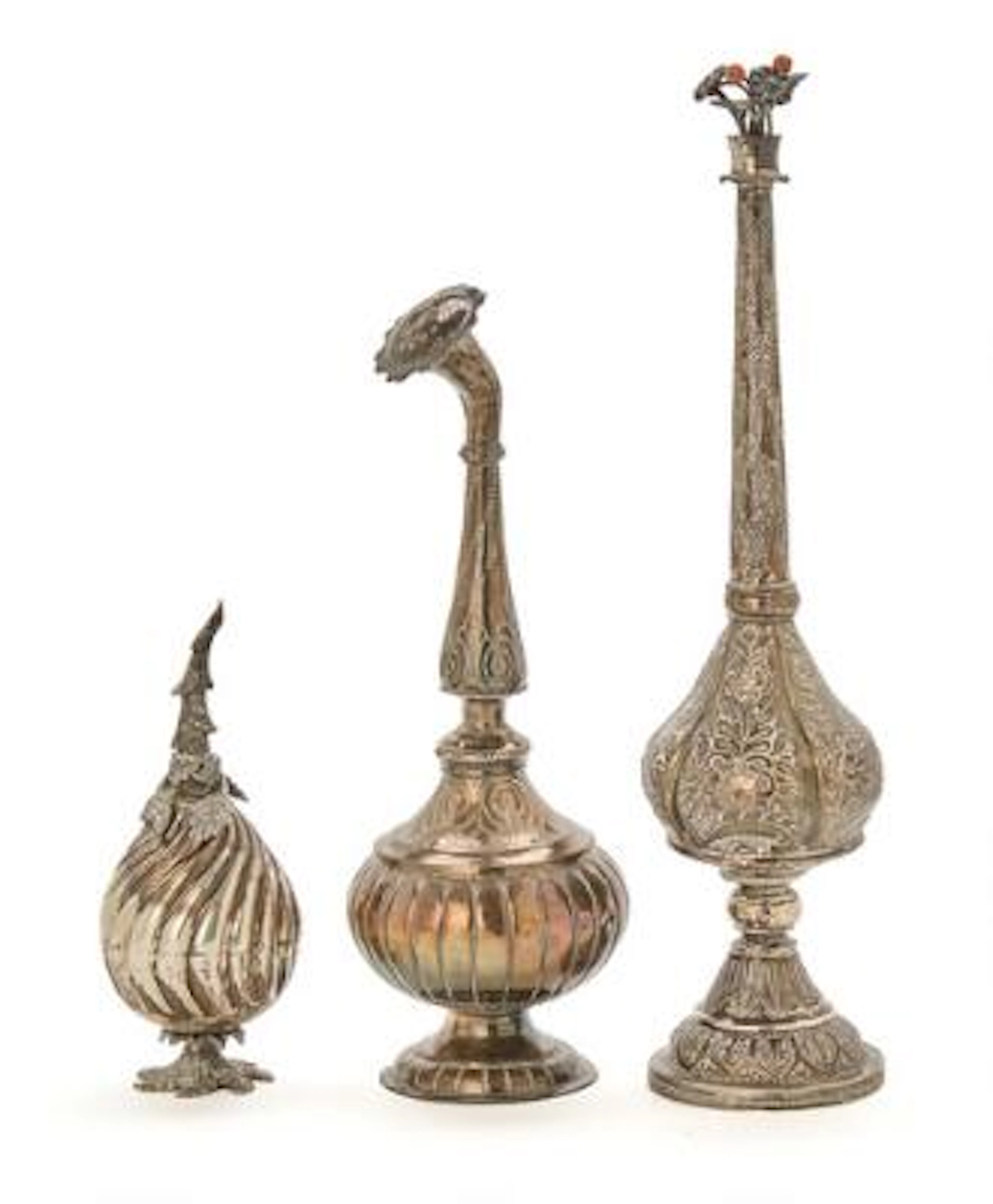 Three Persian/Indian rosewater silver sprinklers. 19/20th century.