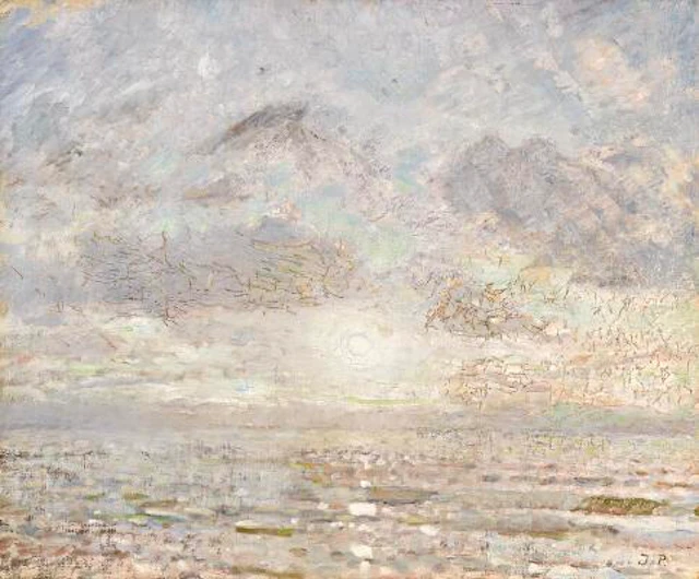 Julius Paulsen: Coastal view with the sun reflecting in the sea. Signed