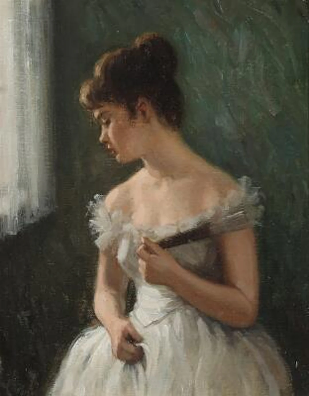Helge Helme: A young woman in white dress and fan in hand. Signed.