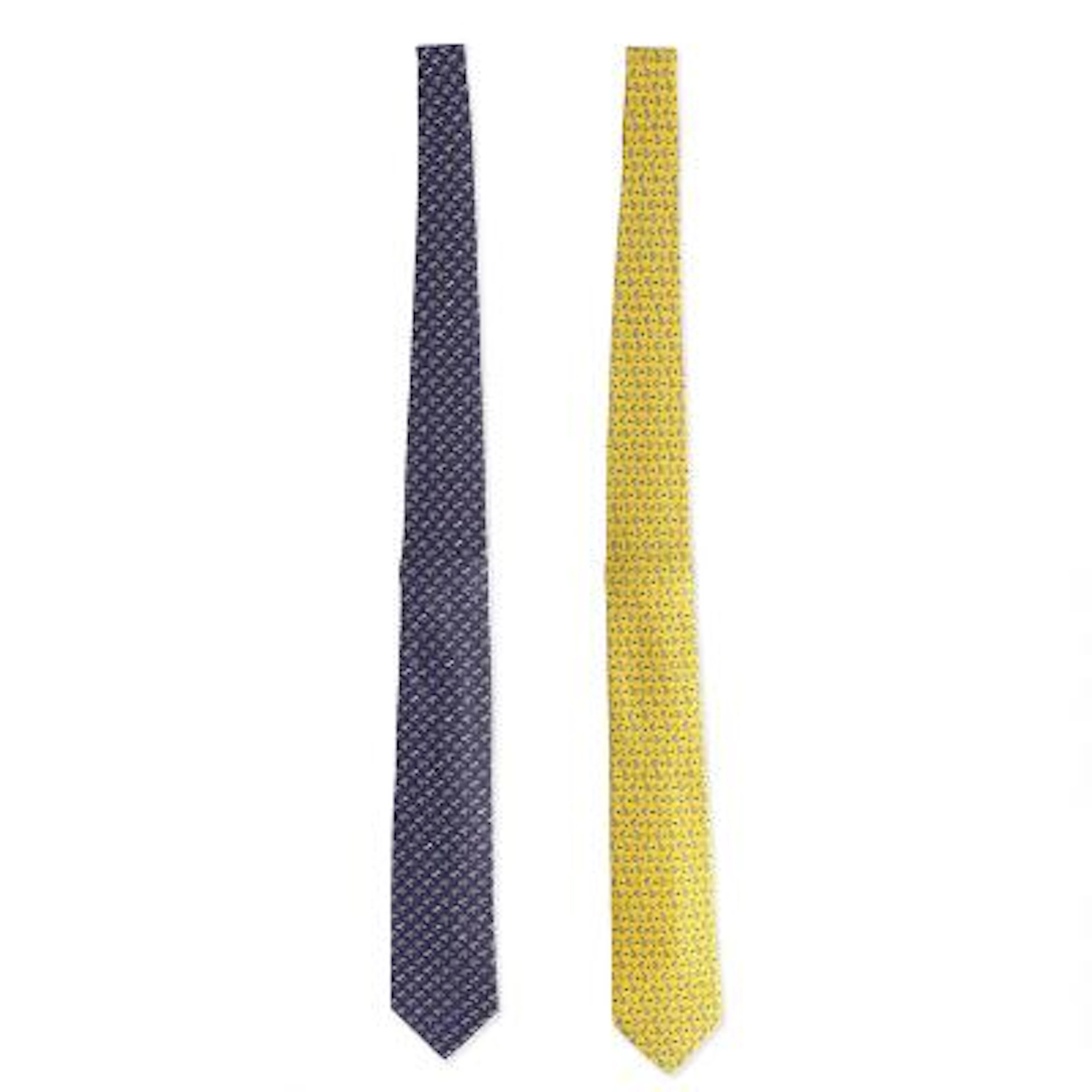 Hermès: A set comprising of two silk ties, each set with a motif.
