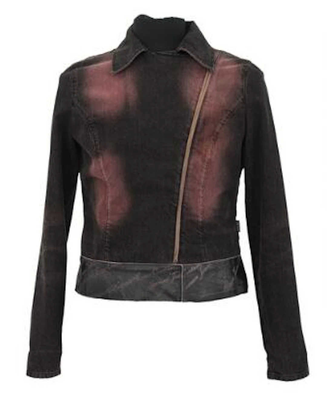 Versace: A dark denim jacket with zipper, pockets, and printed design