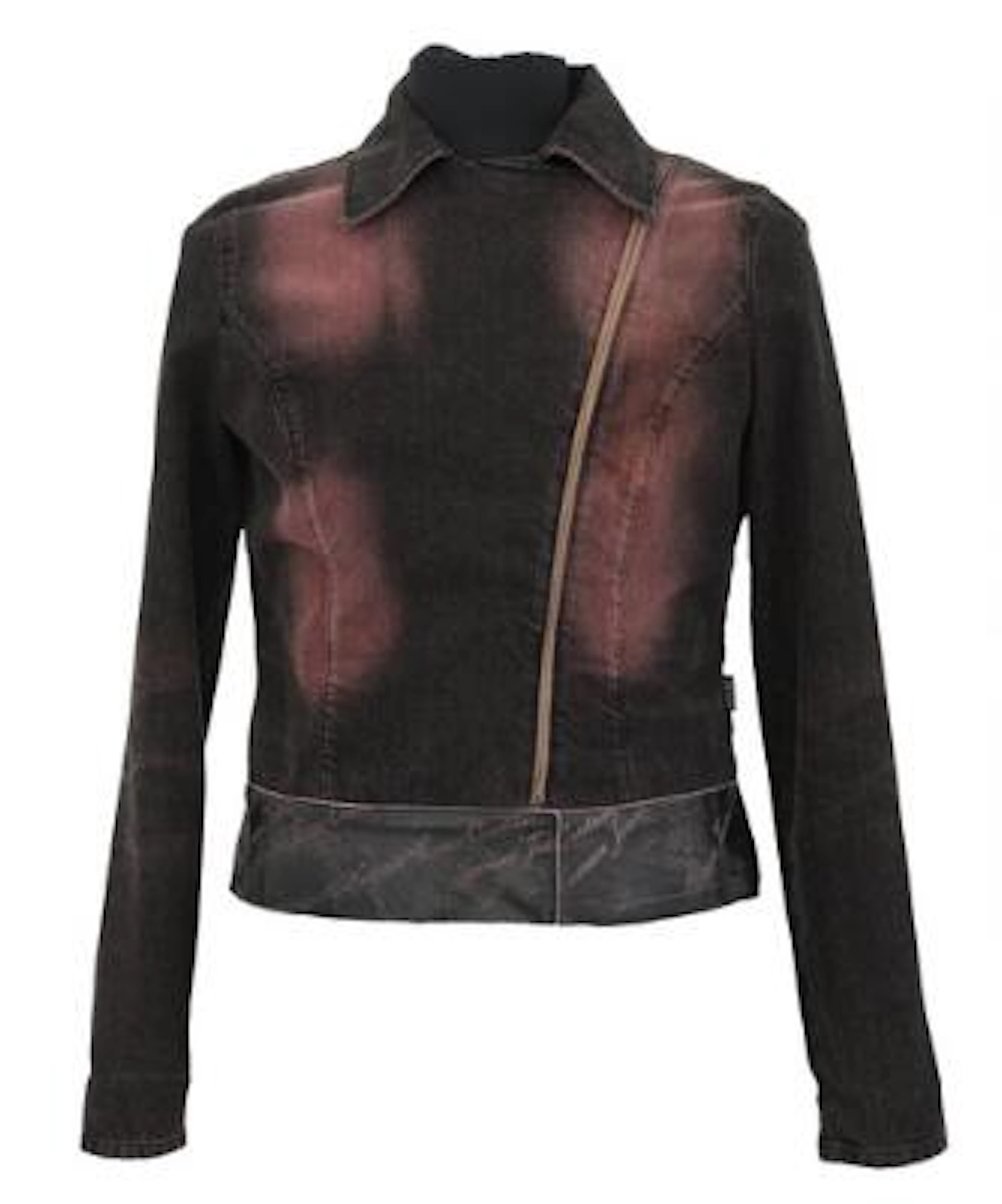 Versace: A dark denim jacket with zipper, pockets, and printed design