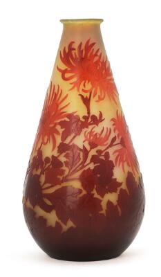 Emile Gallé: A drop-shaped yellow frosted glass vase, overlaid with