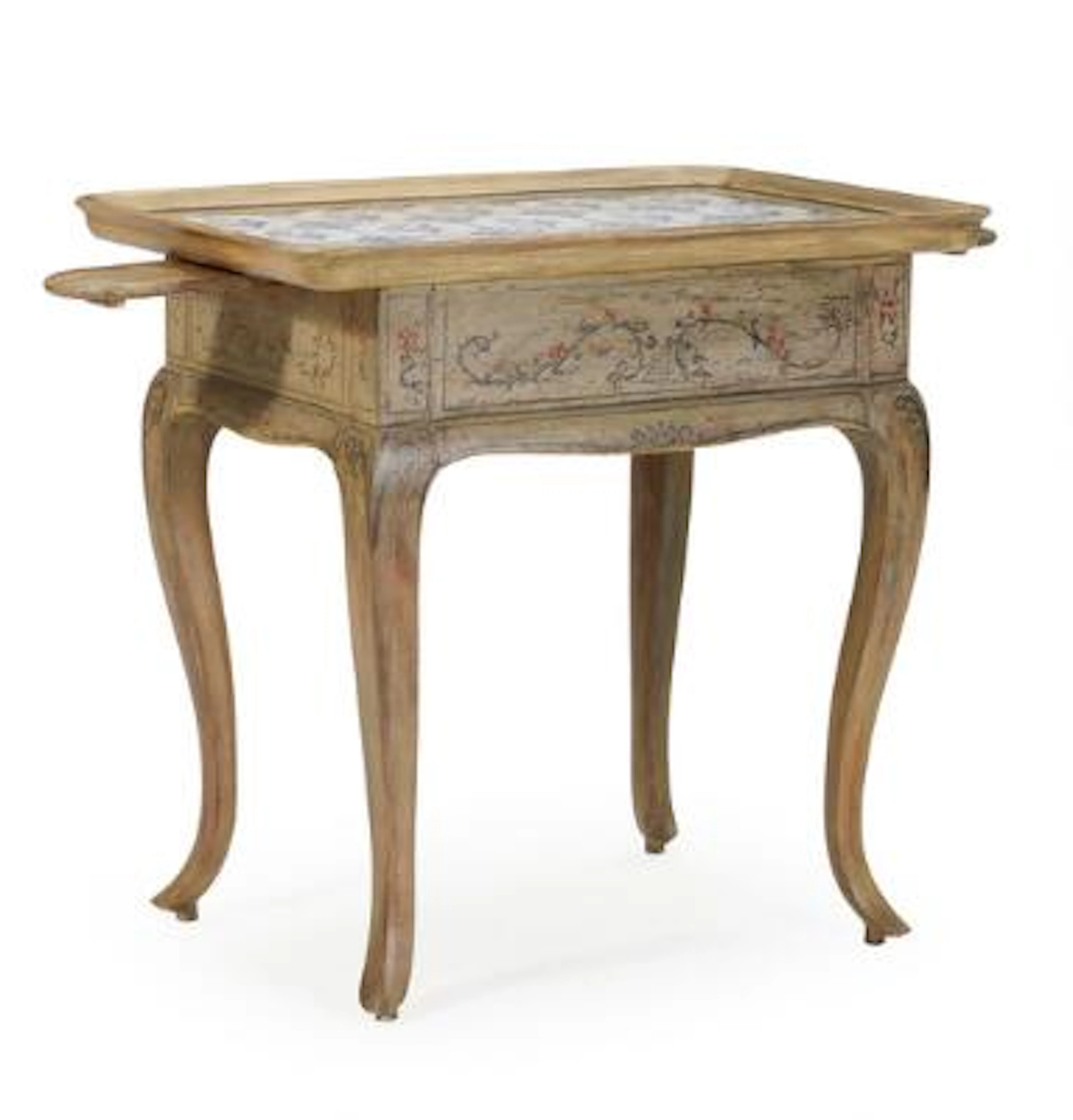 Danish tile table in painted and decorated wood. Dutch faience tiles.