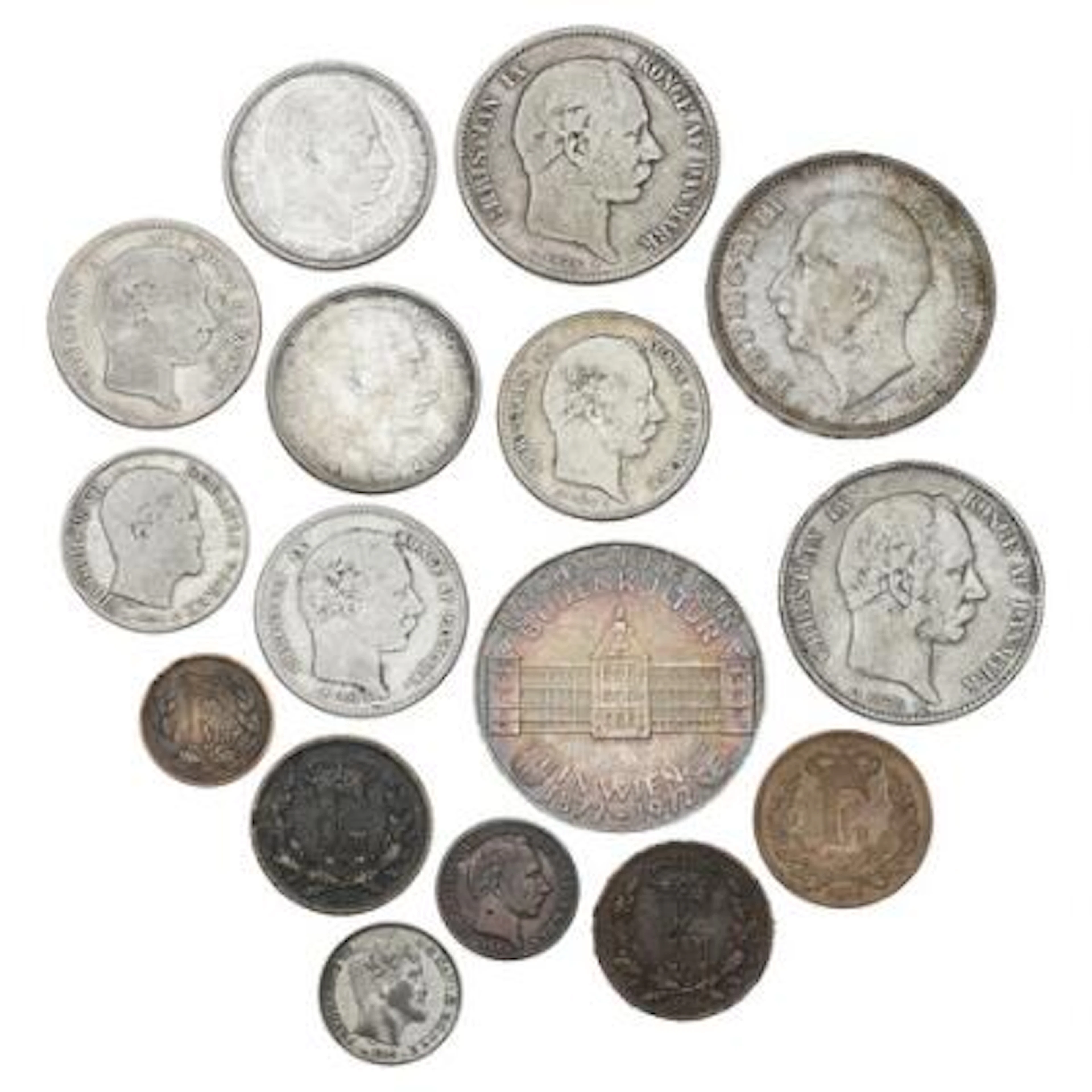 Collection of Danish vintage coins including 10 øre 1945, 1947, 1/2