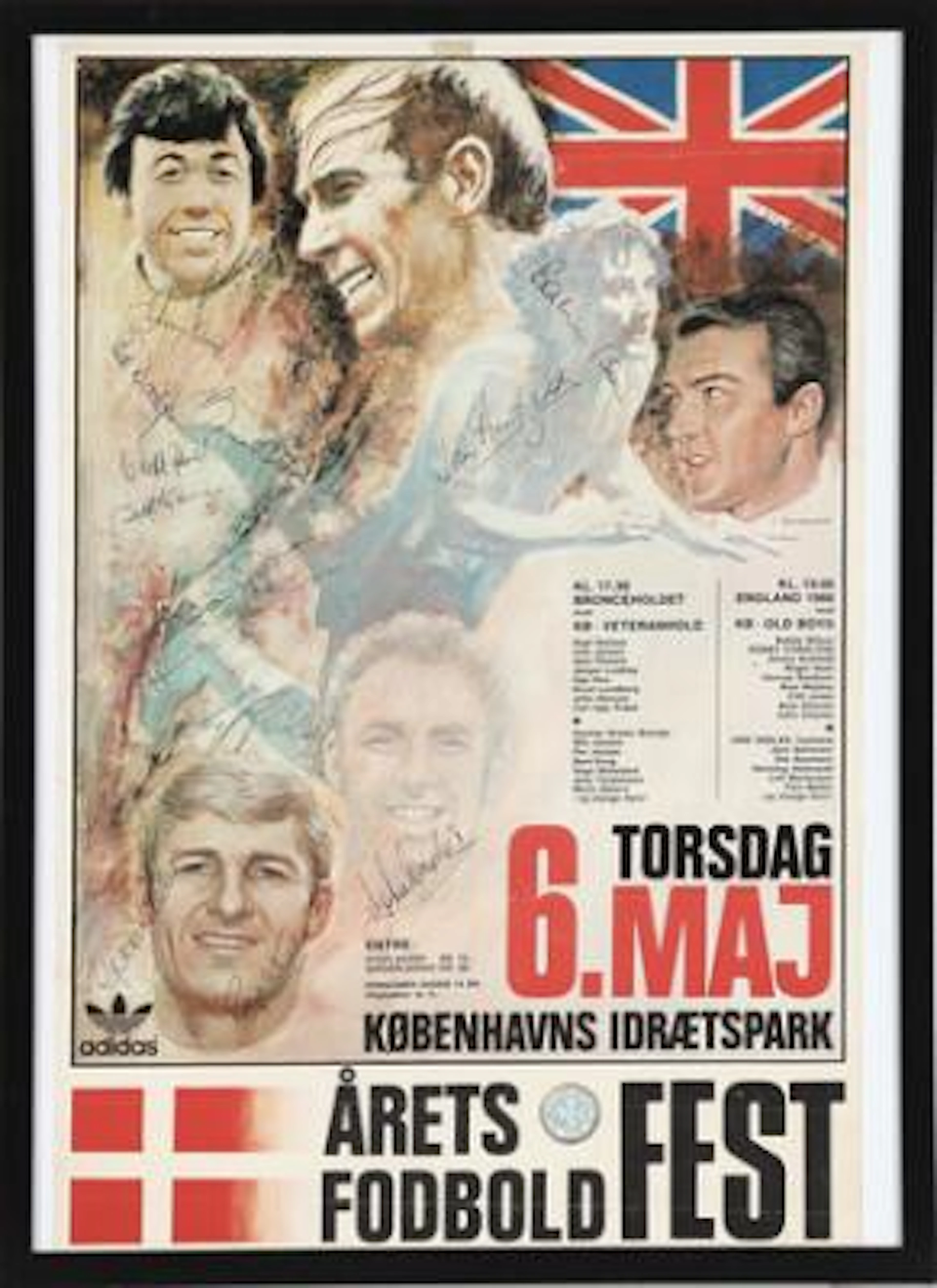 Signed Danish football poster issued to commemorate the friendly match