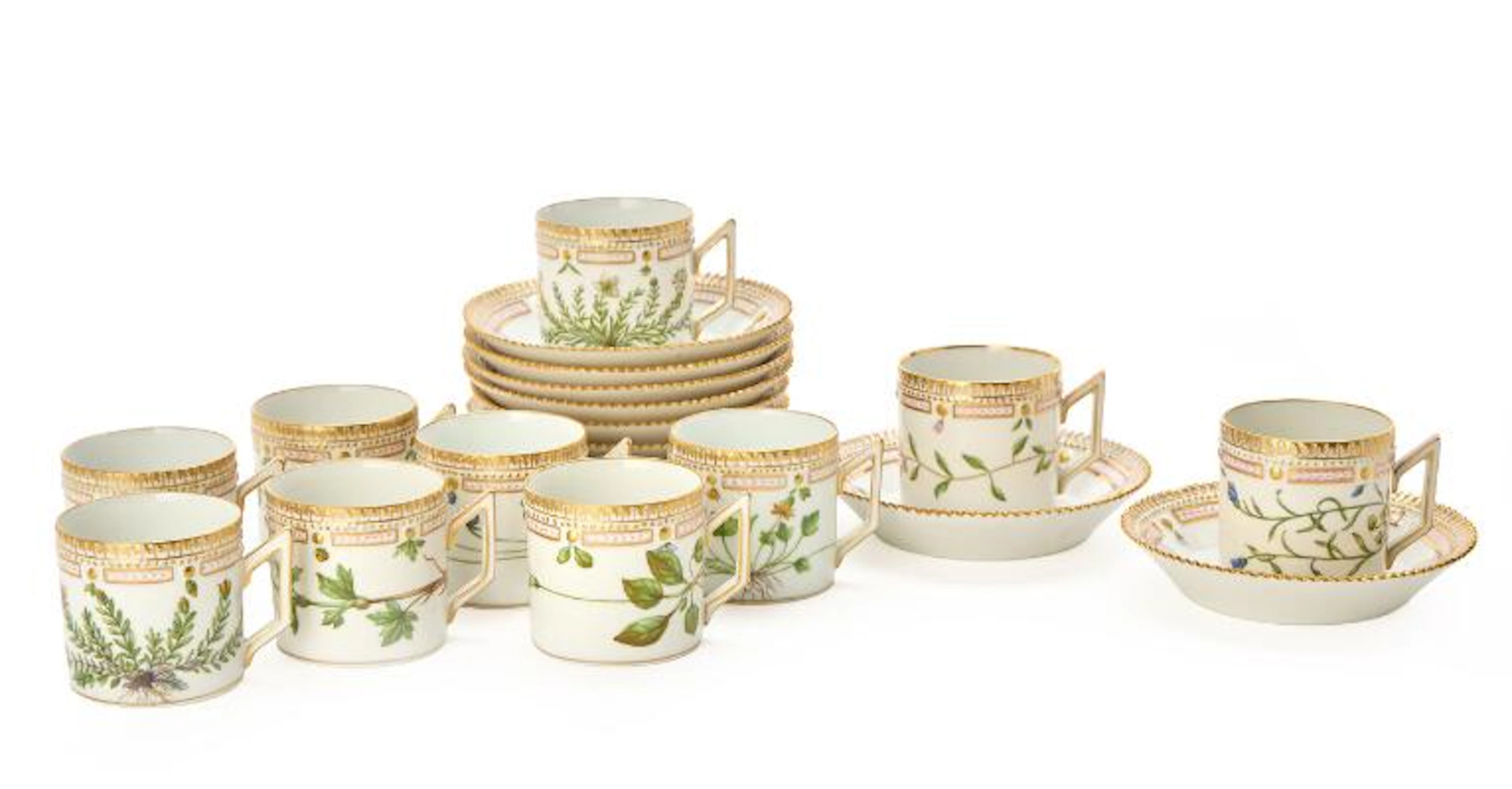 "Flora Danica" two porcelain cups and saucers and "Perlestellet" eight