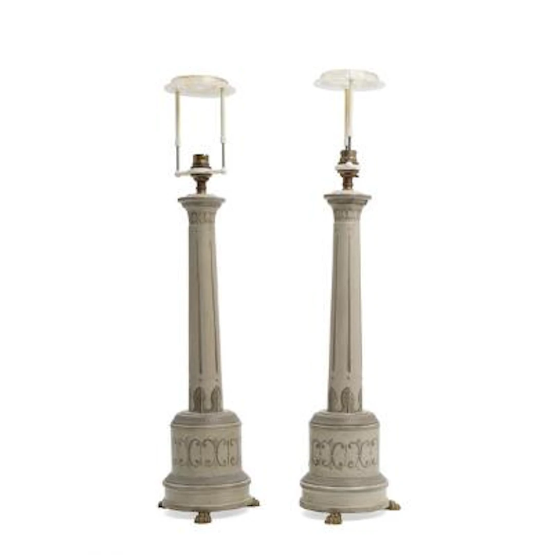A pair of English table lamps in grey-painted metal. Vaughan. Late