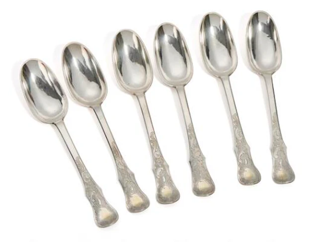 Six Rococo silver spoons from St. Magleby on Amager. Maker Andreas