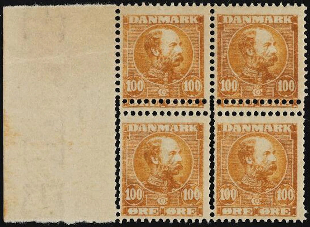 1905. Christian IX. 100 Øre, yellow brown. Never hinged block of 4