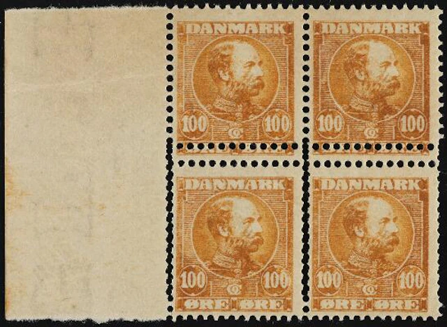 1905. Christian IX. 100 Øre, yellow brown. Never hinged block of 4