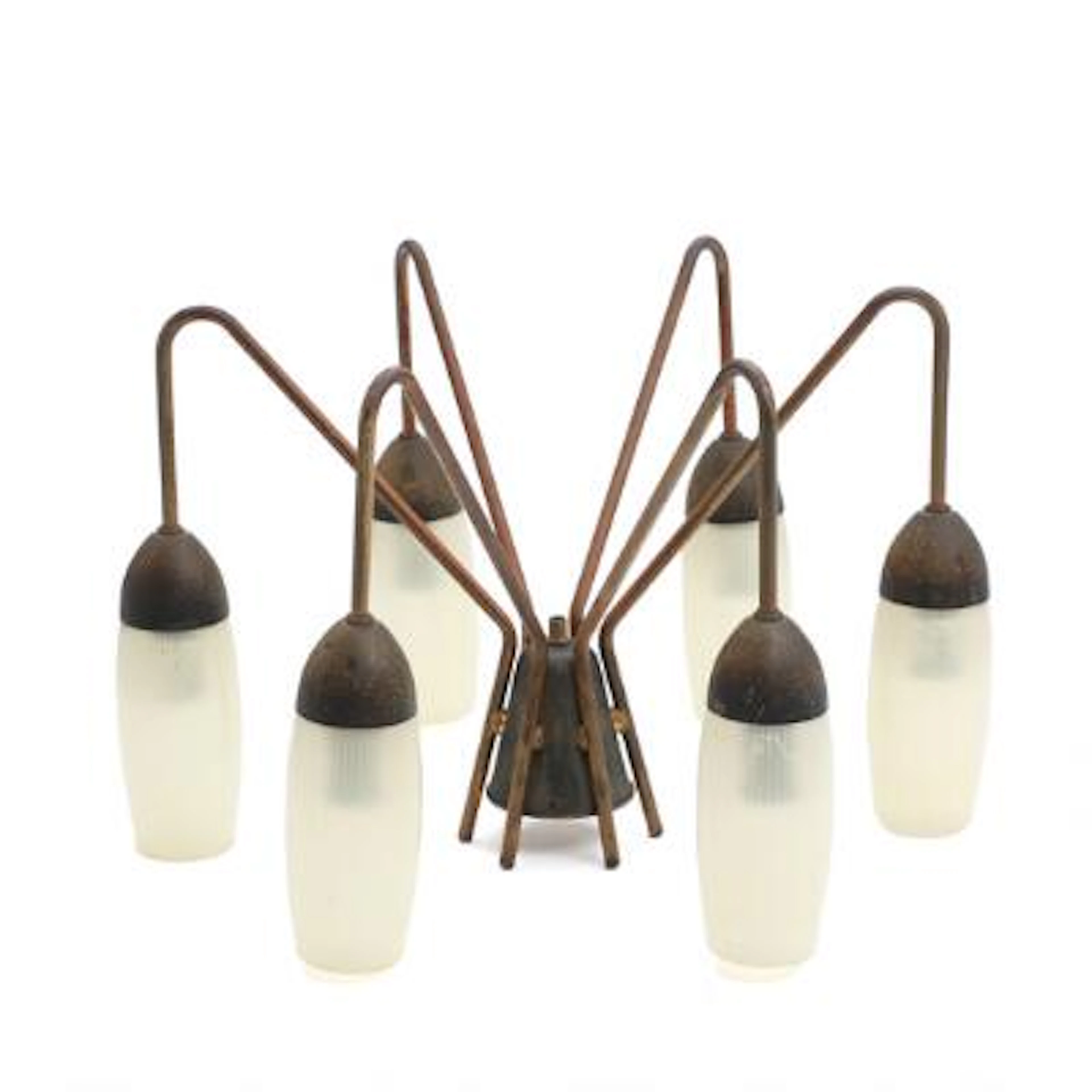 Danish design: Patinated copper and brass Chandelier, six light arms