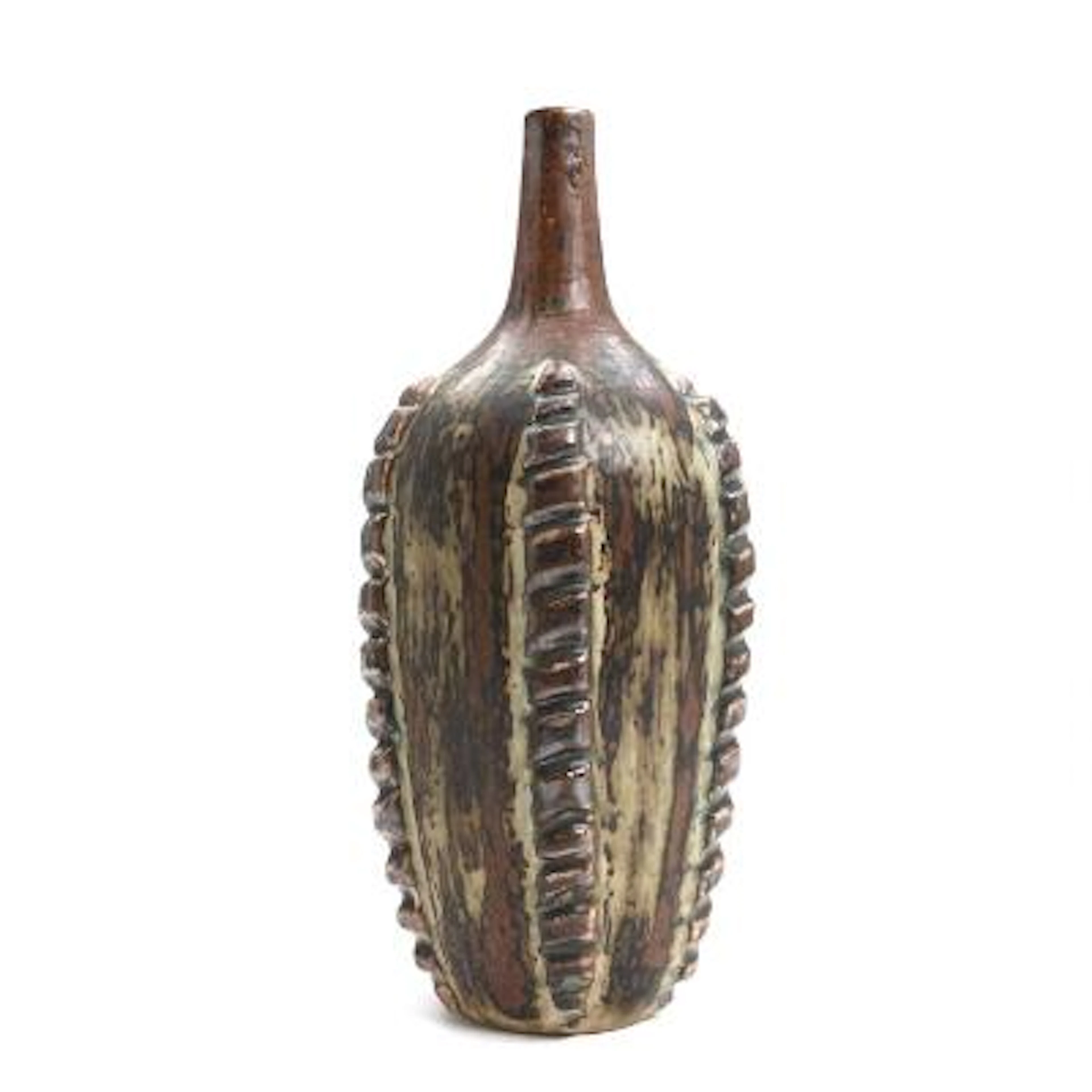Axel Salto: A bottle-shaped stoneware vase modelled with fluted relief