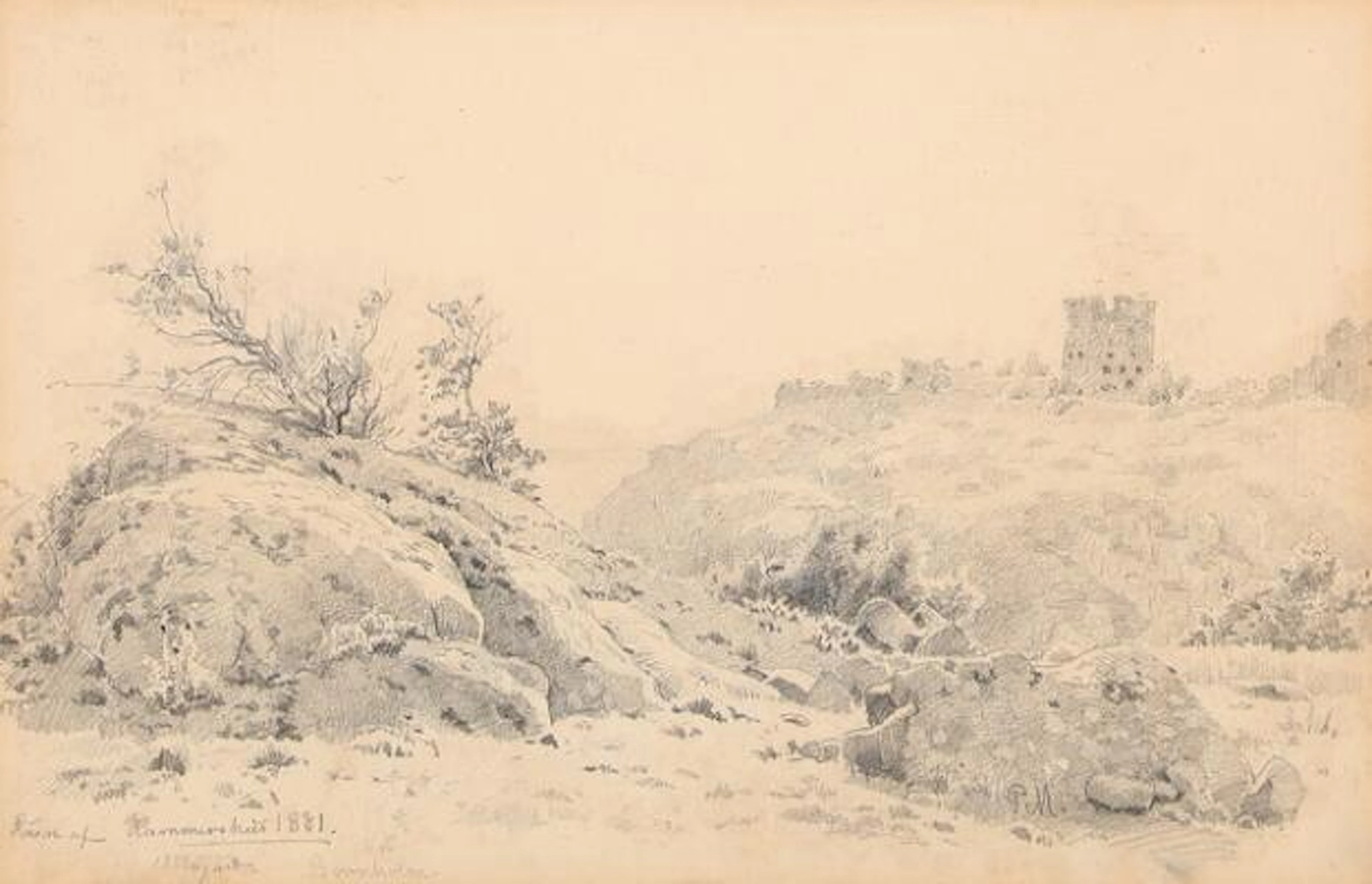 Peder Mønsted: "Ruin af Hammershus". Signed and dated PM, 1881, 13.