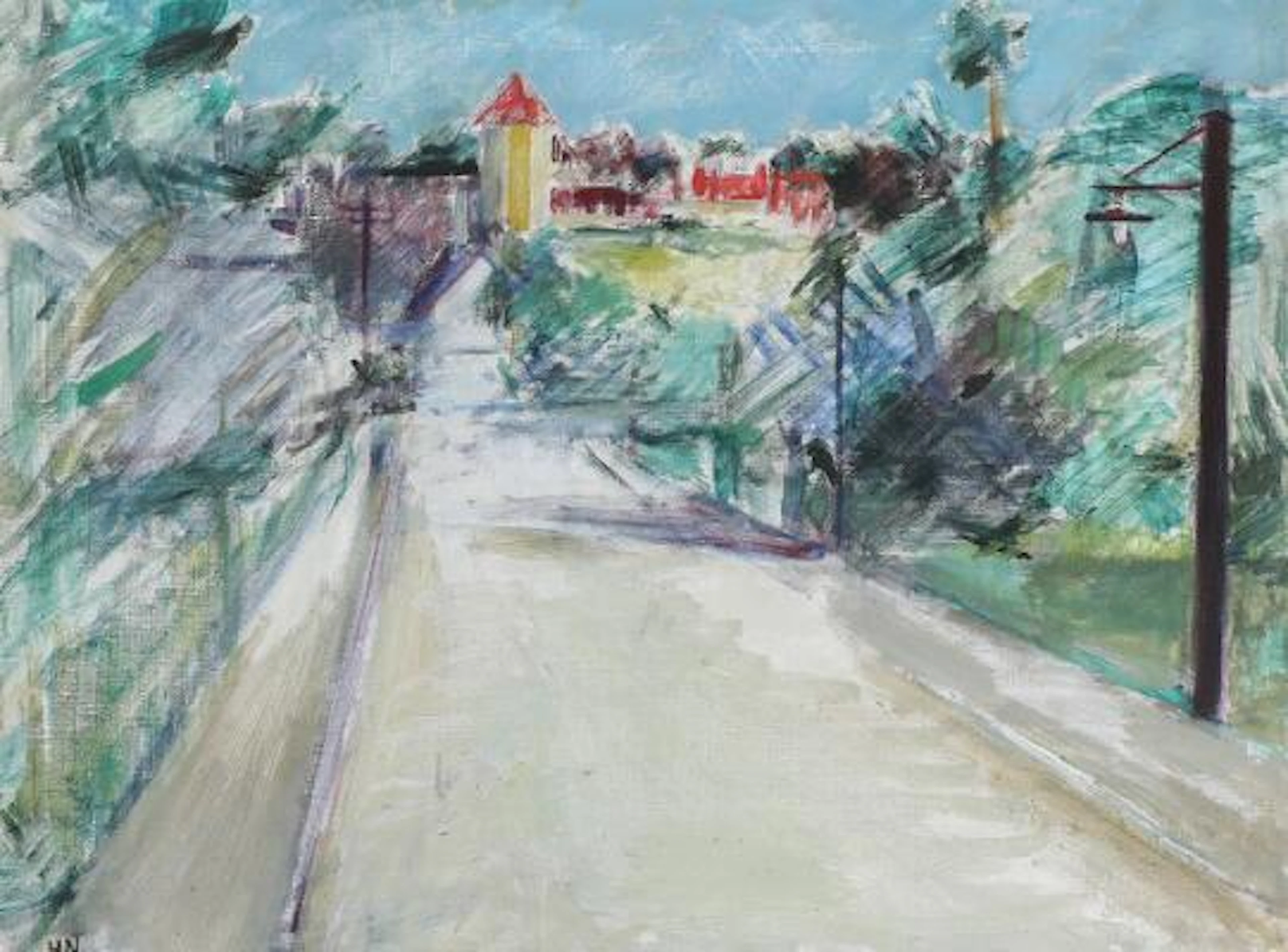 Søren Hjorth-Nielsen: Street scene from Holte. Signed HN. Oil on canvas.