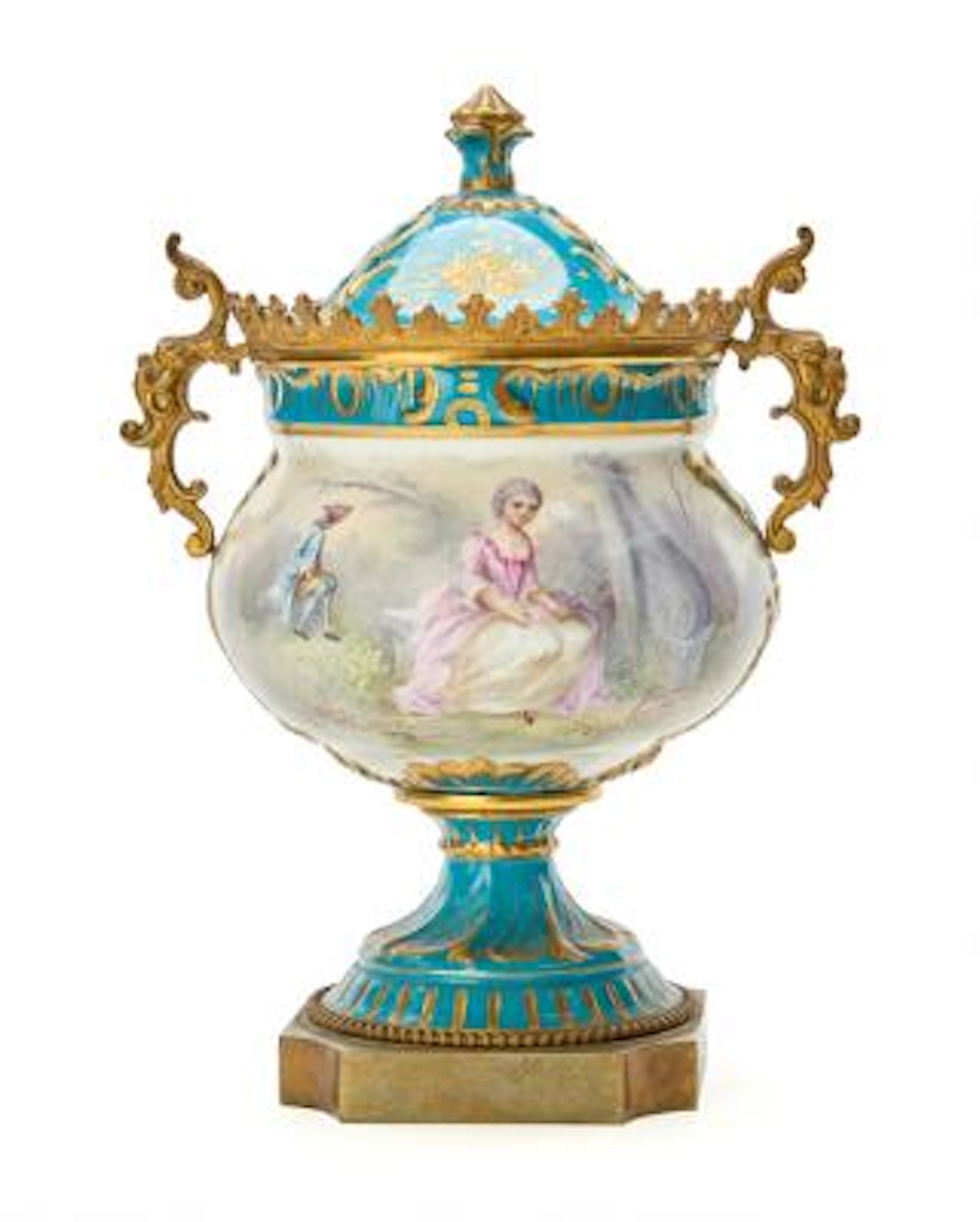 Potpourri jar in porcelain, decorated in Sèvres manner, with gilt-bronze