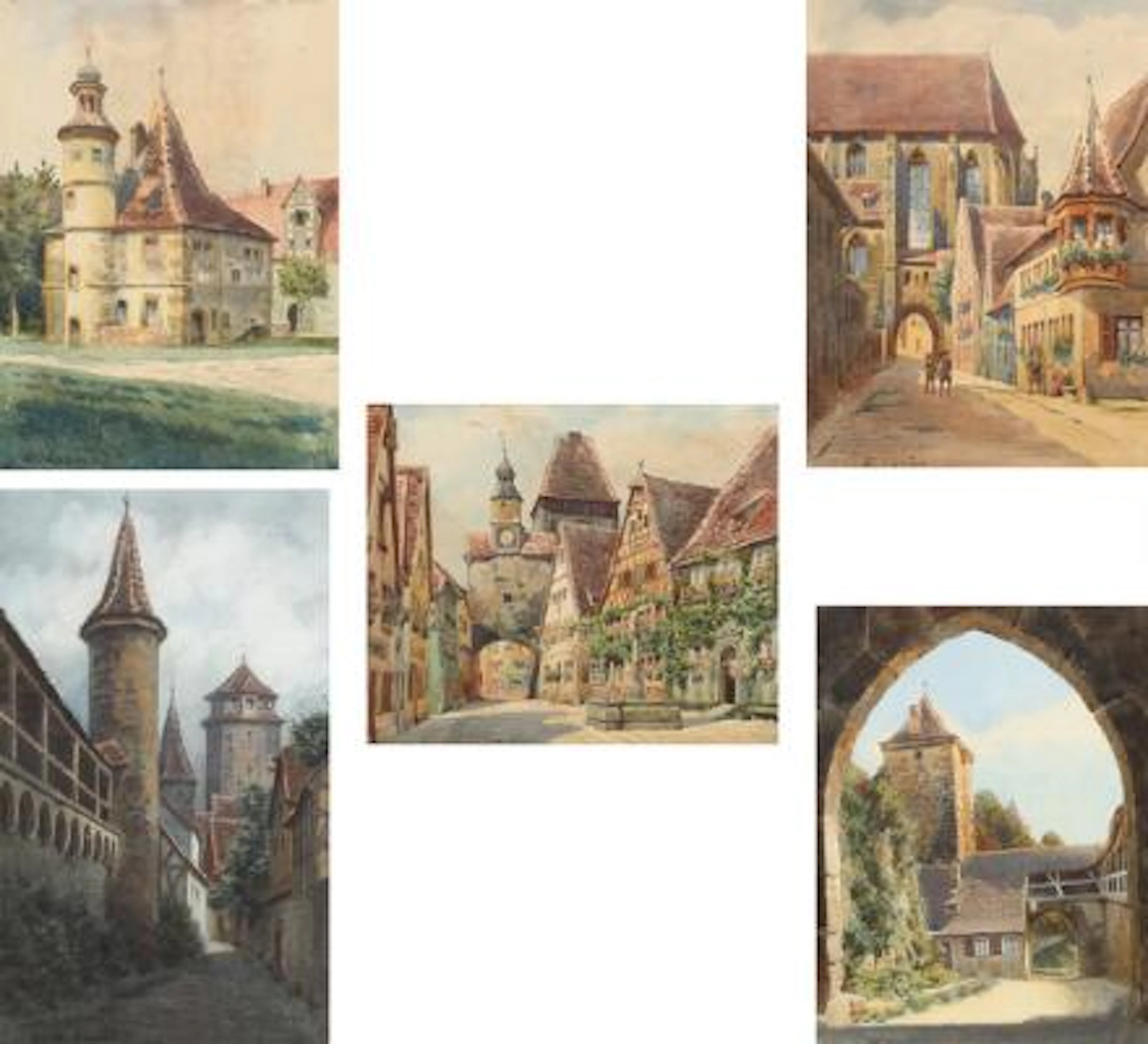 Wilhelm Lasius: Five sceneries from Rothenburg. Signed Wilh. Lasius.