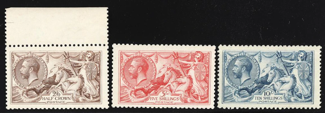 Great Britain. 1912-1913. Seahorses. 2,6 Sh, 5 Sh and 10 Sh. Vertical