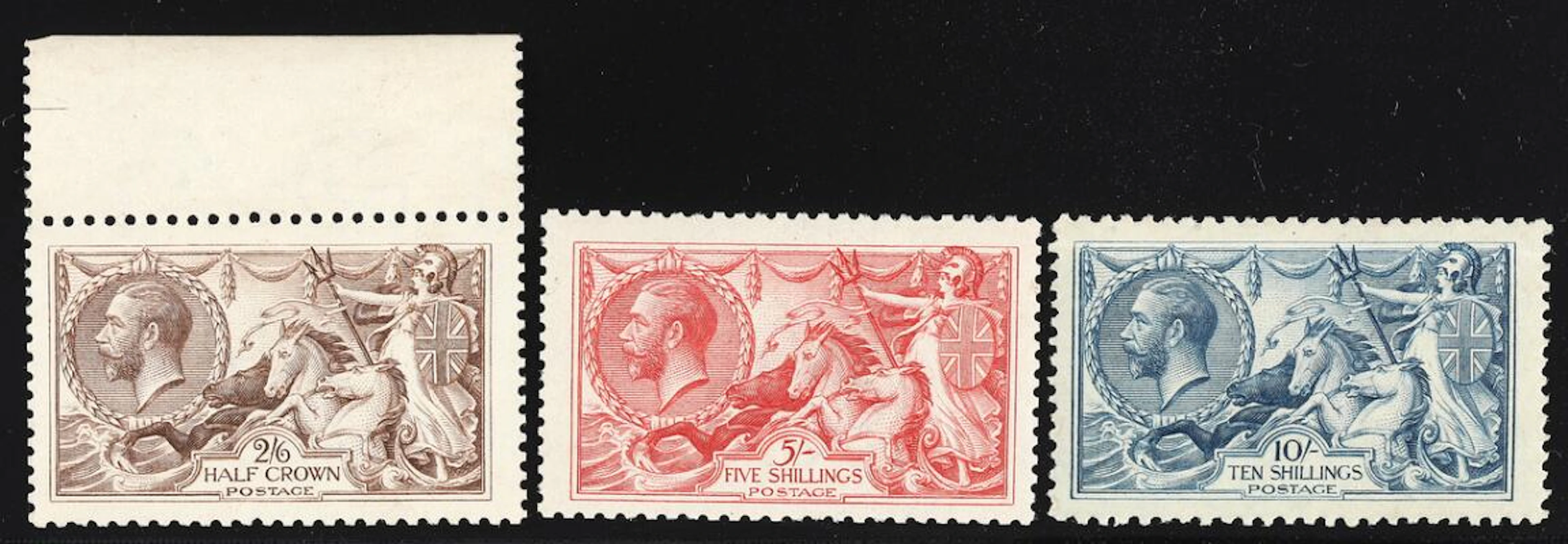 Great Britain. 1912-1913. Seahorses. 2,6 Sh, 5 Sh and 10 Sh. Vertical