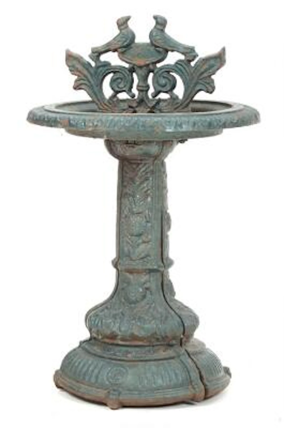A 20th century patinated iron bird bath, decorated with birds and