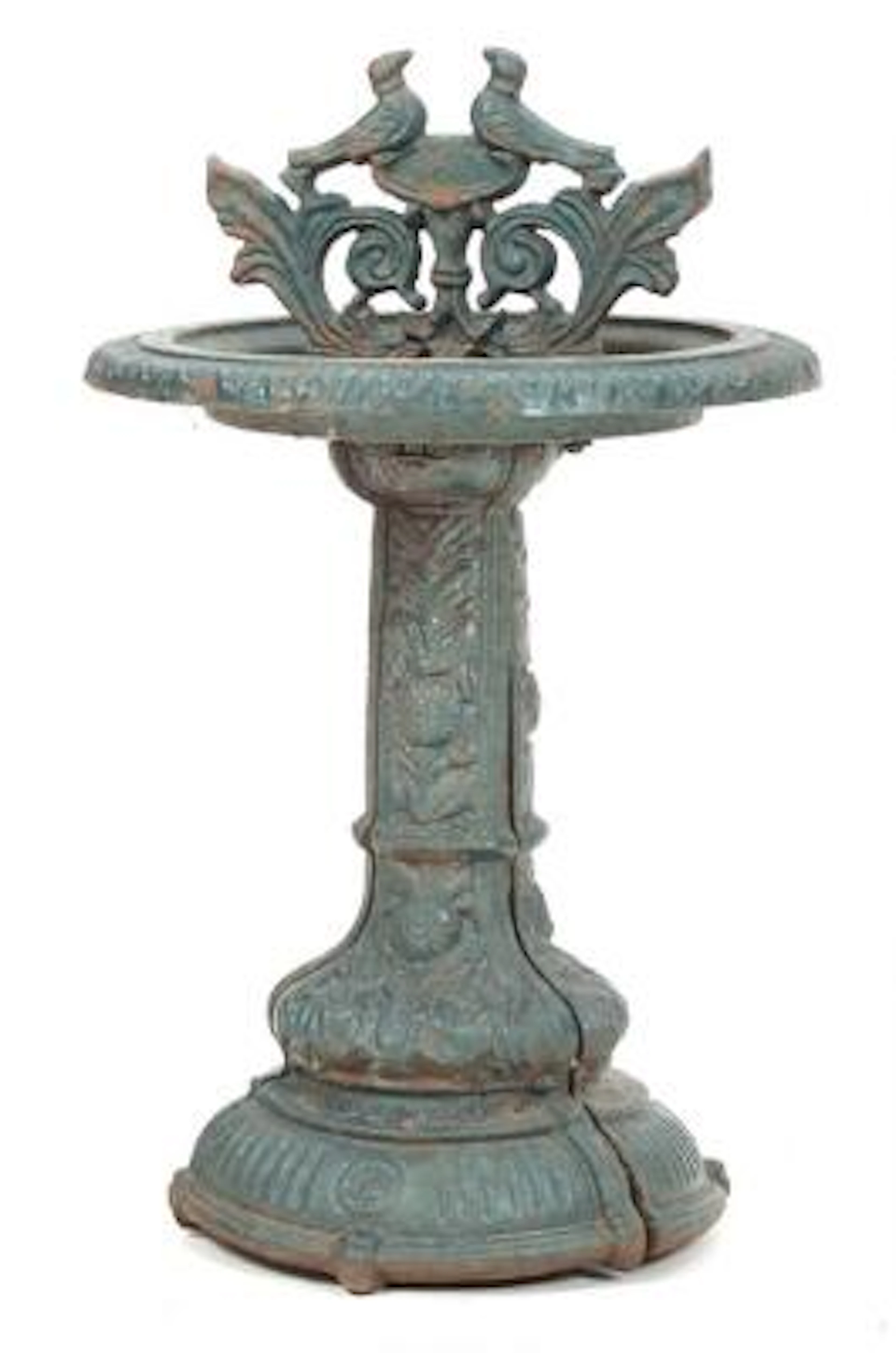 A 20th century patinated iron bird bath, decorated with birds and