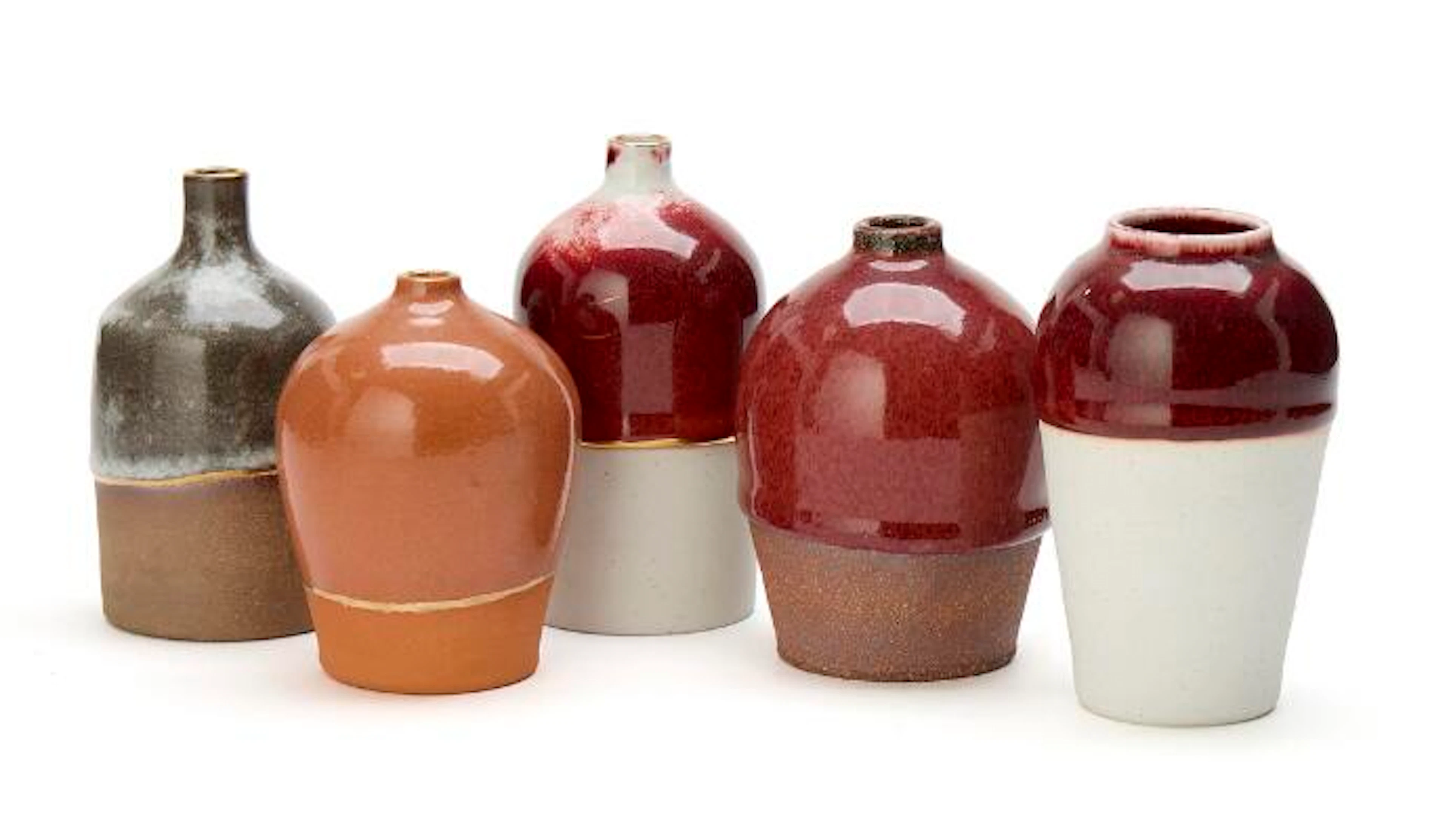 Unknown ceramicist: Five small stoneware vases. Partially glazed with
