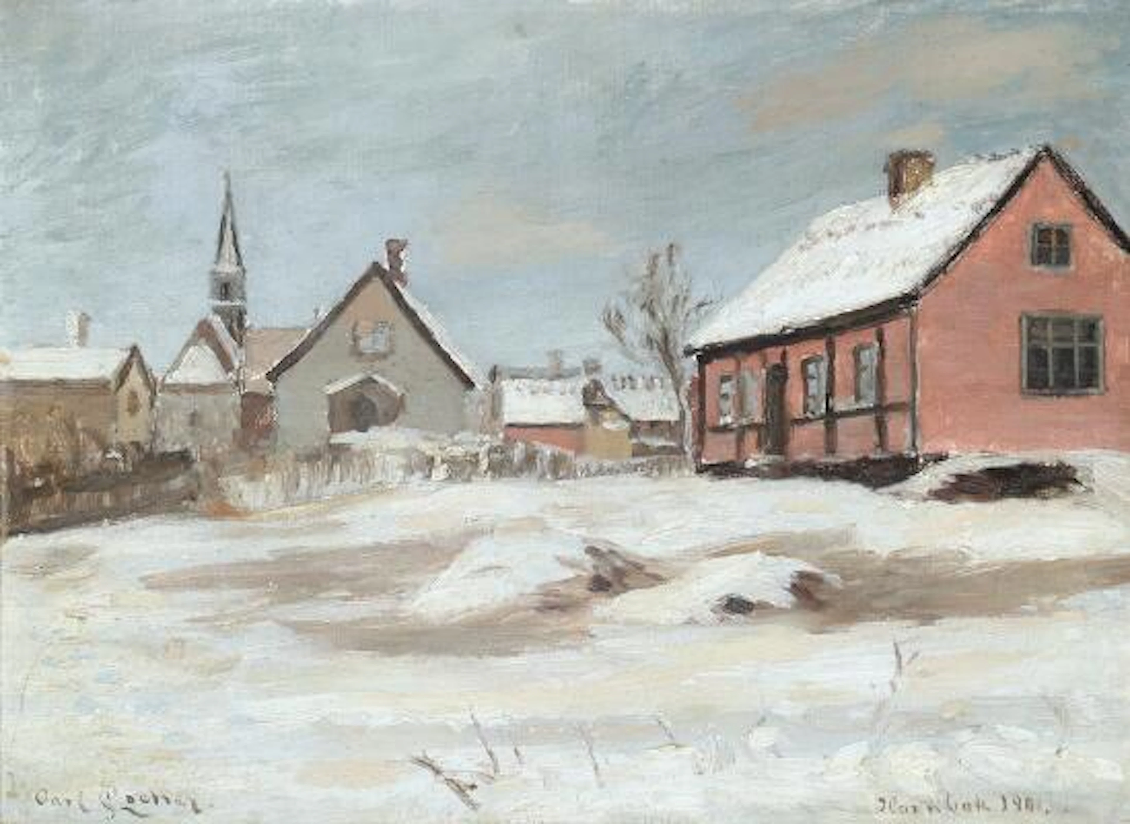 Carl Locher: A snowy day in Hornbæk. Signed and dated Carl Locher
