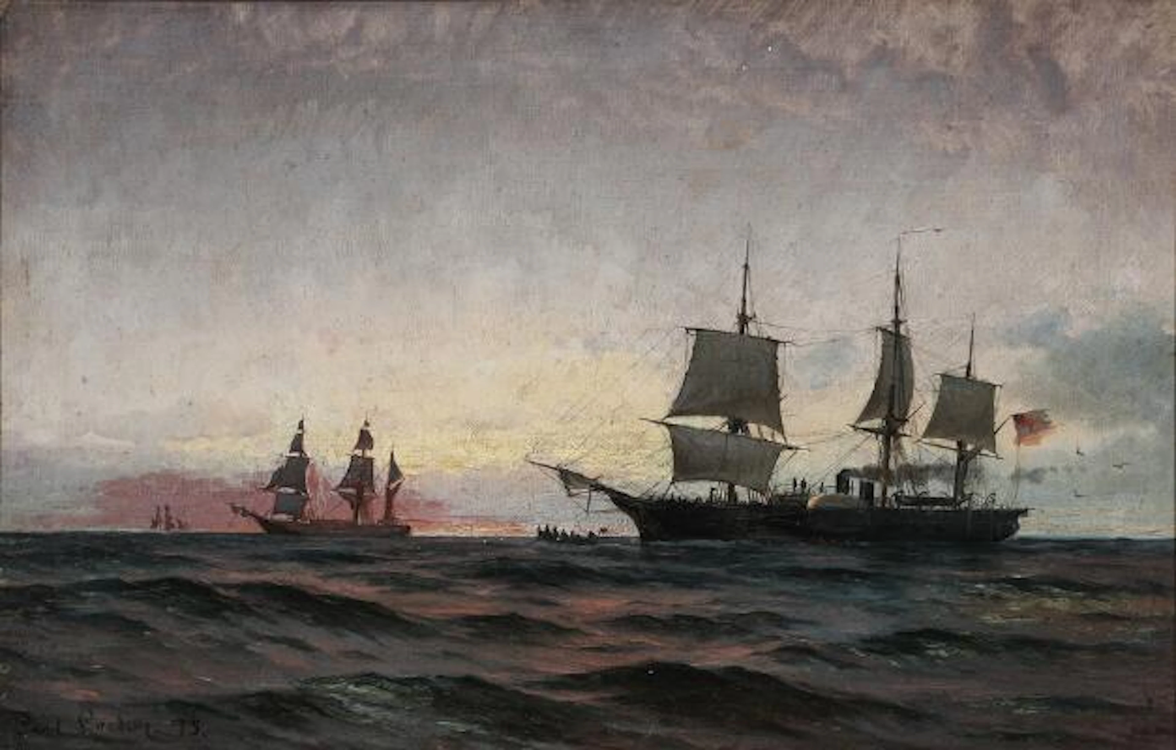 Carl Locher: Seascape with a british sailing ship at sunrise. Signed