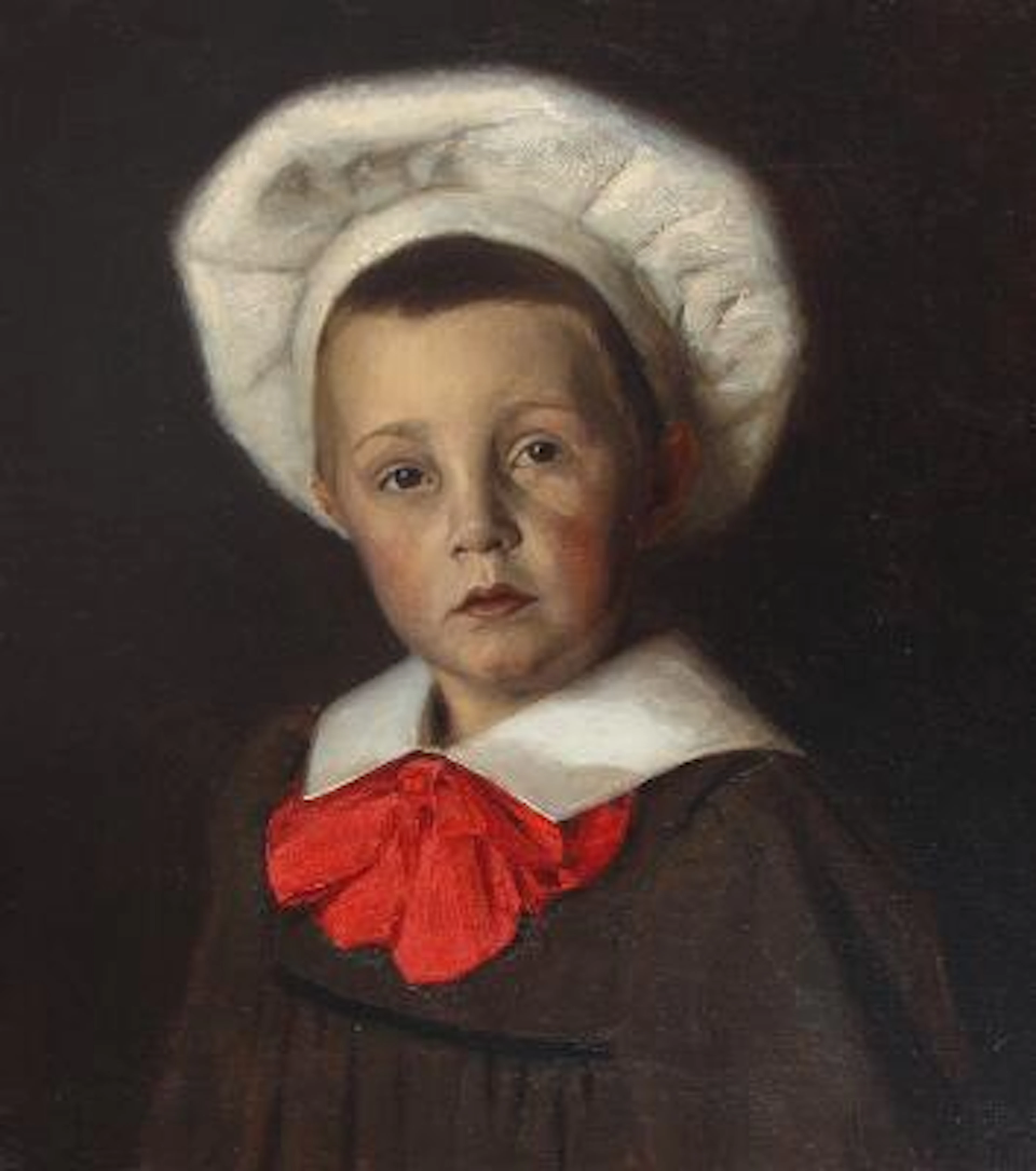 Carl V. Meyer: Portrait of a little boy with a white hat and collar.