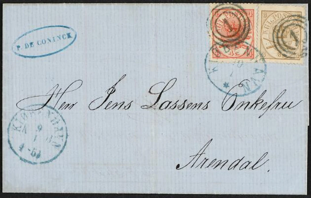 1864. 4 sk. 7.print and 8 sk. 1.print. Cover from København 9.1.1869