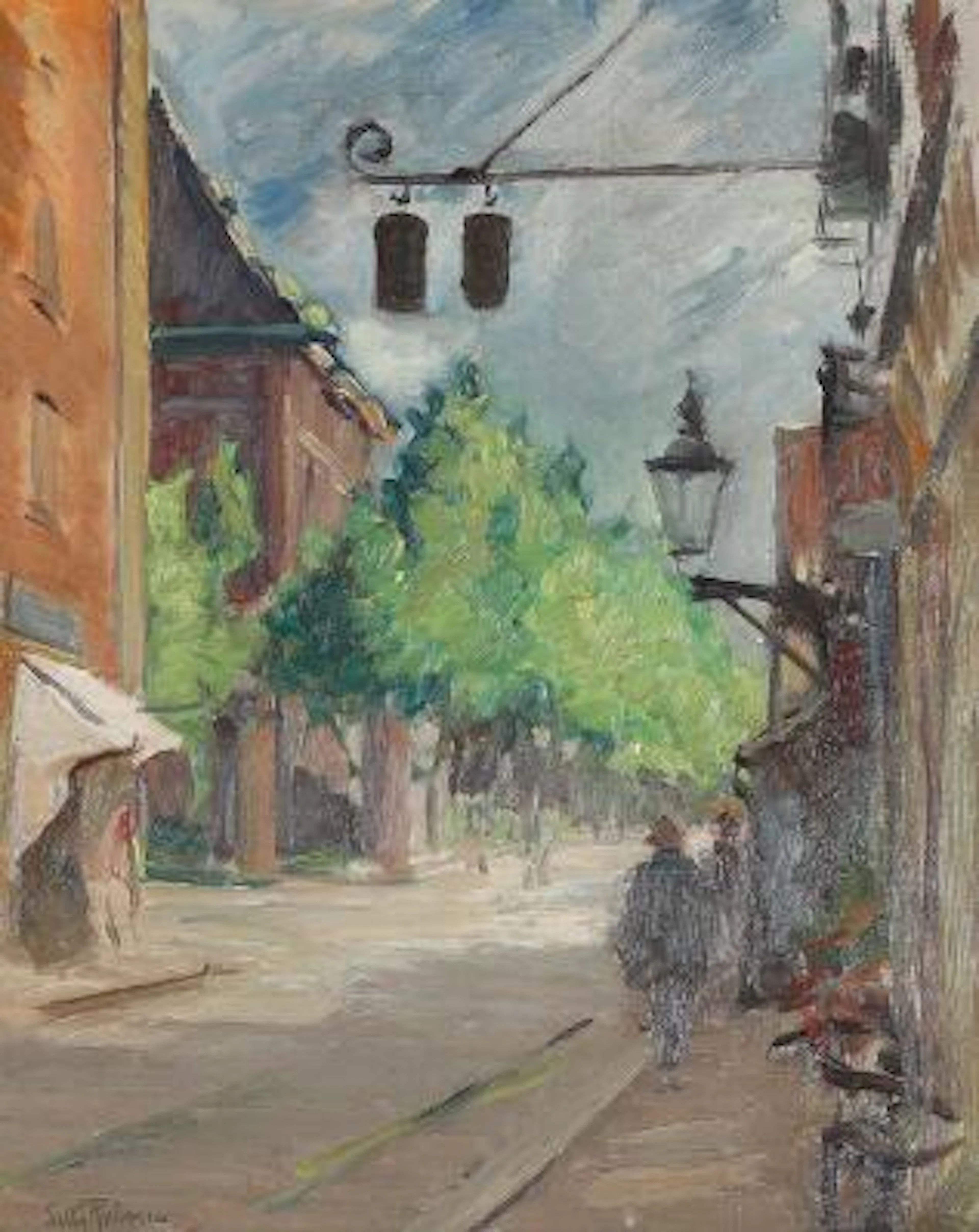 Sally Philipsen: Steet scene. Signed Sally Phillipsen. Oil on canvas.