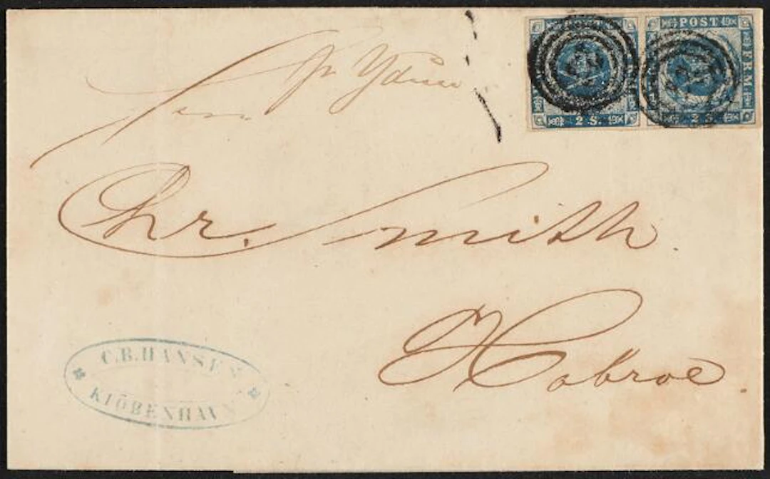 1854. 2 Skilling, blue. Pair on cover from Copenhagen to Hobro in