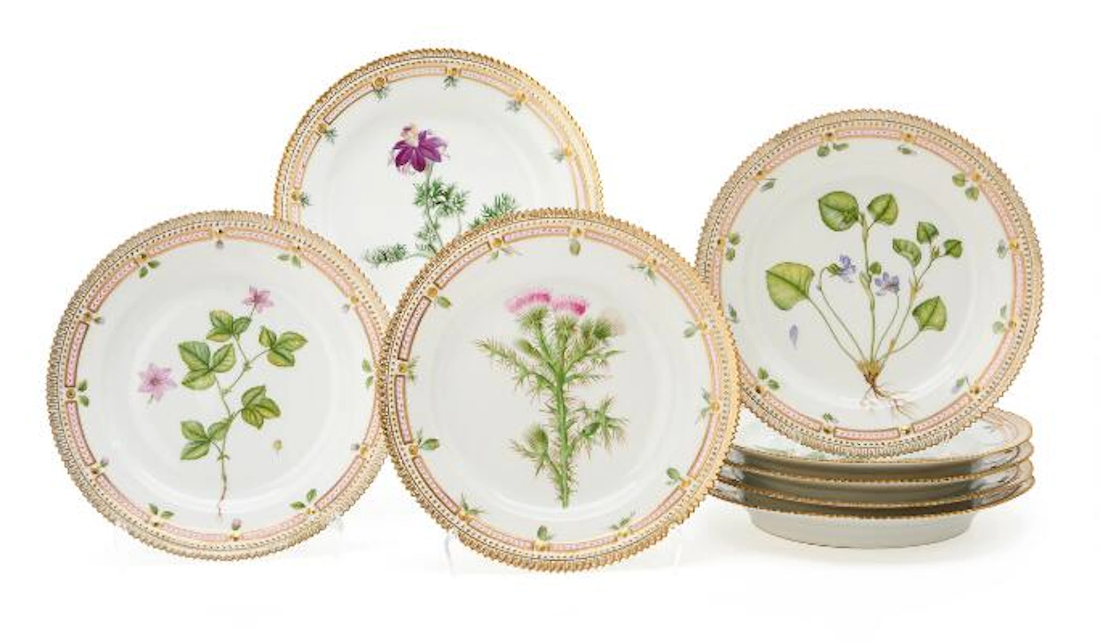 Eight "Flora Danica" enamelled and gilt porcelain lunch plates. Royal