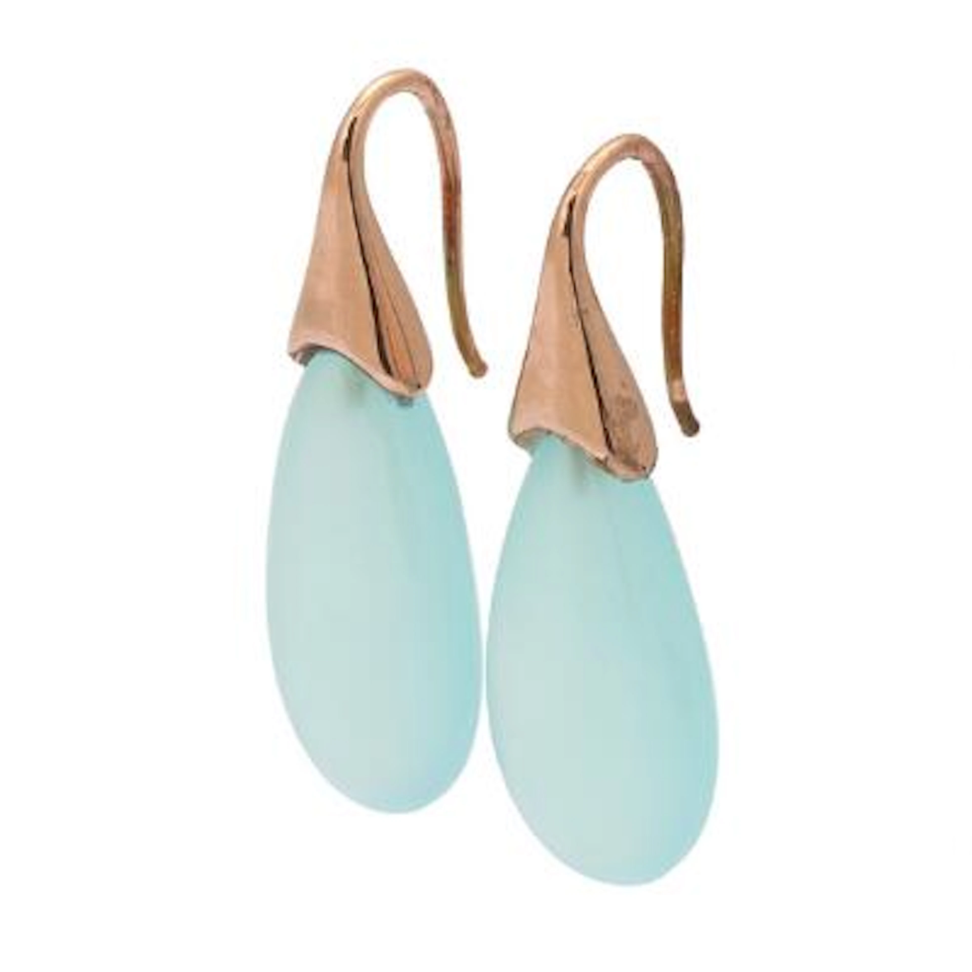 A pair of chalcedony ear studs each set with a pear-shaped chalcedony