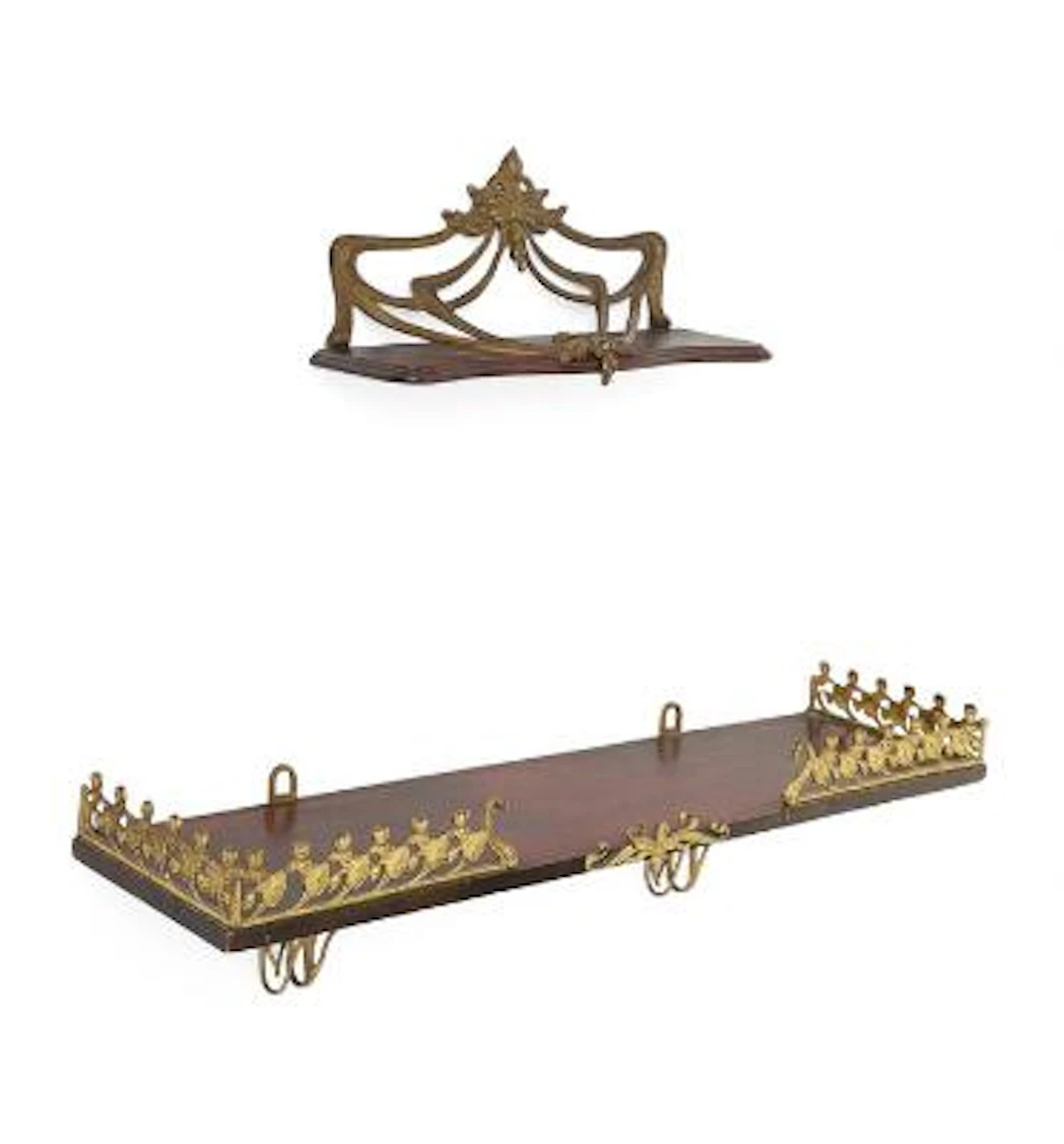 Two Art Nouveau shelves of dark-stained wood, shelf brackets and fittings