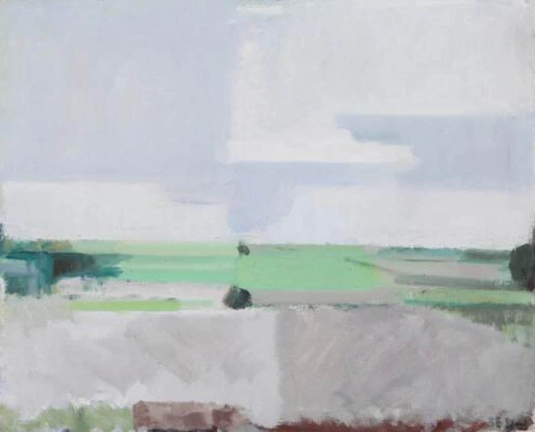Svend Engelund: Landscape with open fields, 1957. Signed SE and dated.