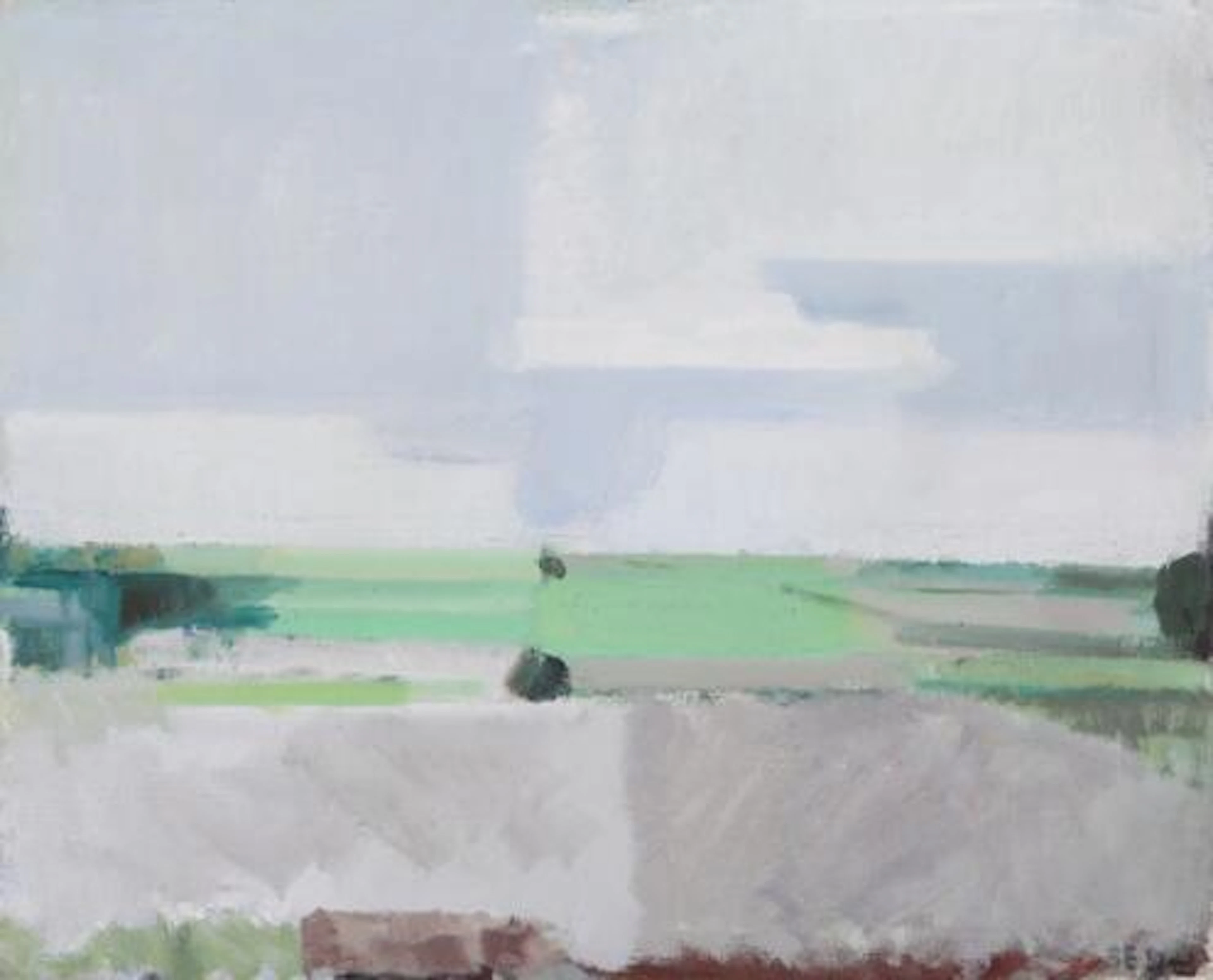 Svend Engelund: Landscape with open fields, 1957. Signed SE and dated.