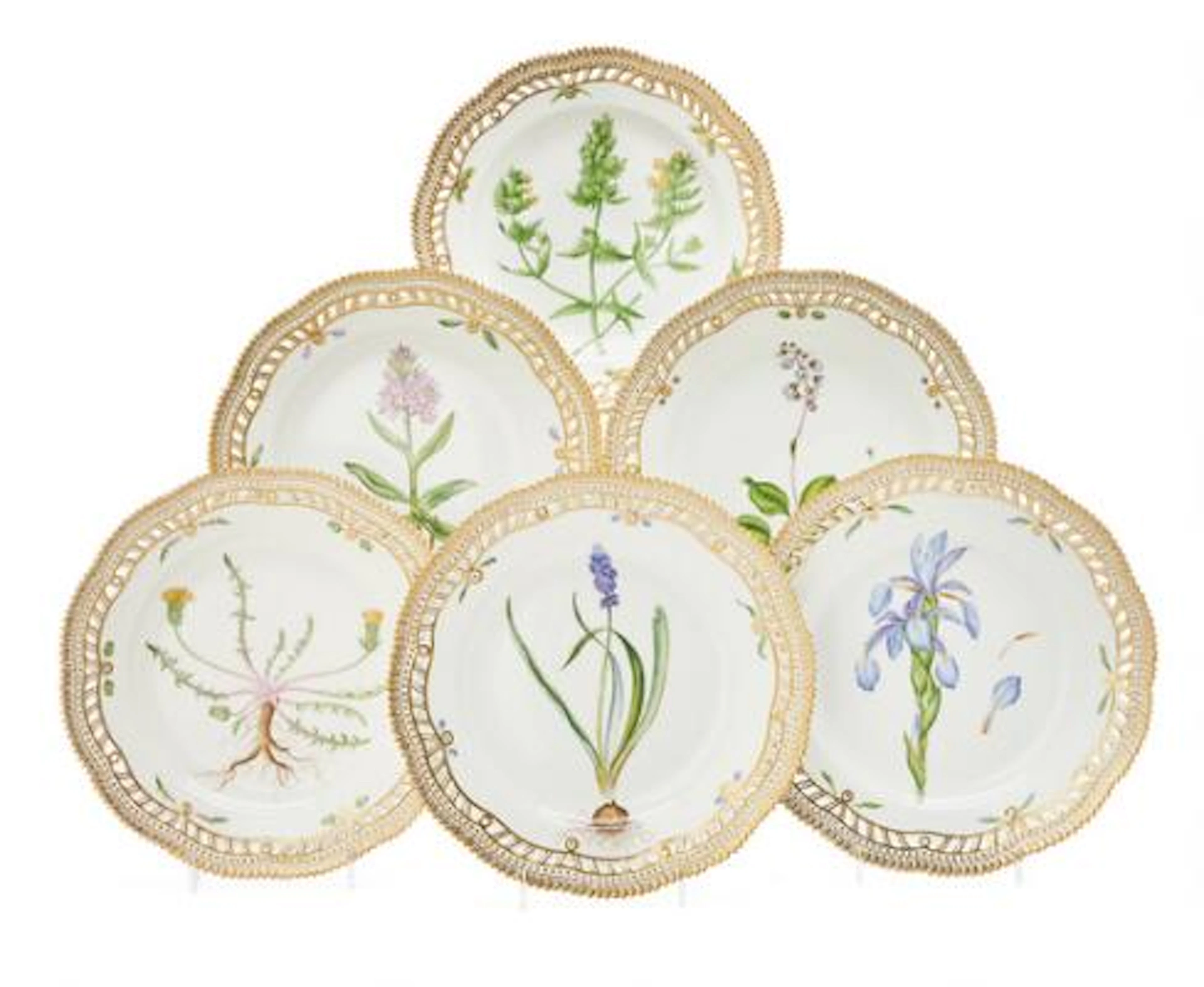 "Flora Danica" six dinner plates in porcelain, decorated in colours