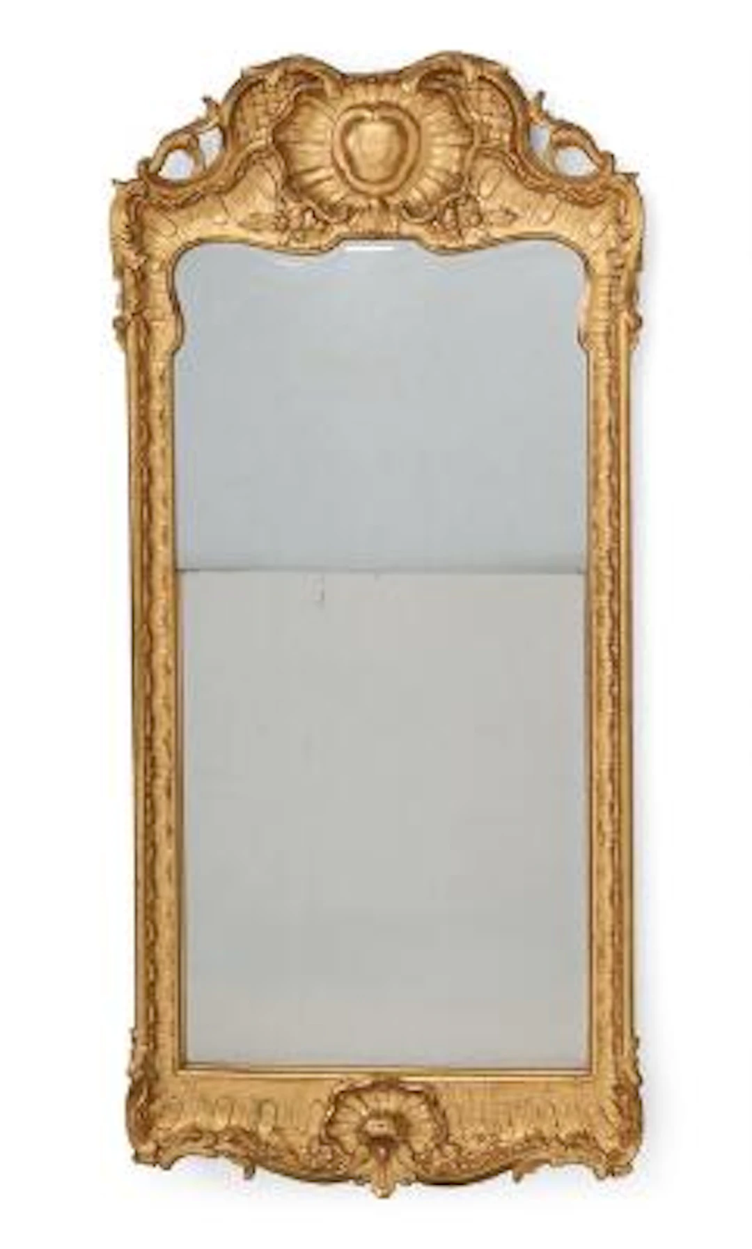 A Swedish Rococo mirror in frame of gilded wood, two-part faceted